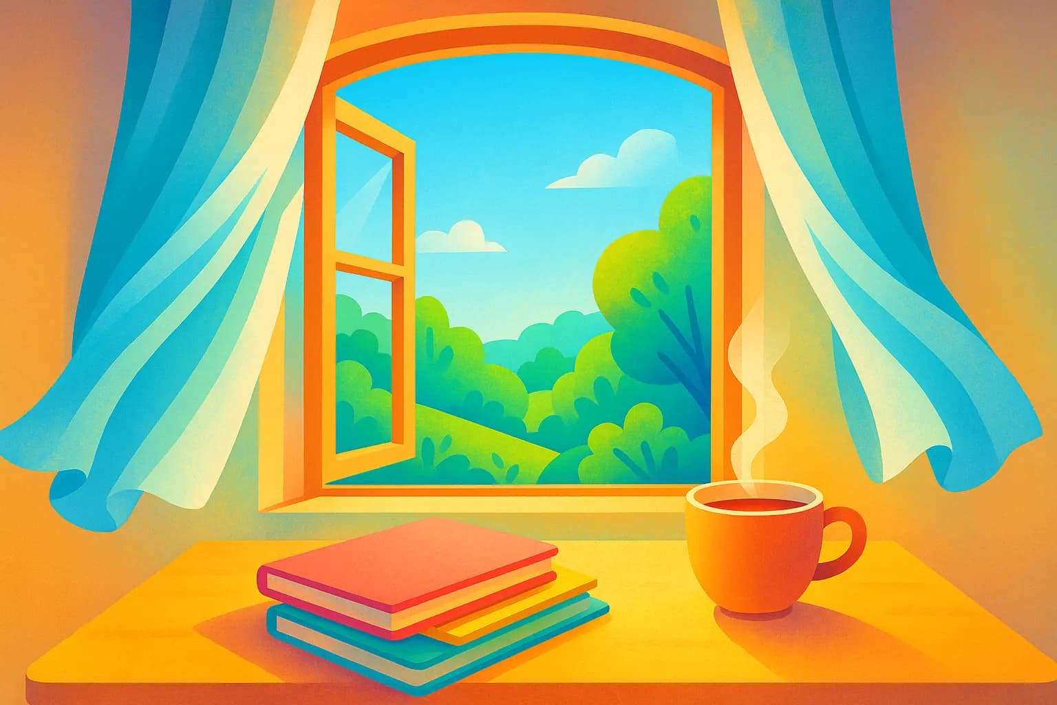 Ilustración vibrante y acogedora de una persona disfrutando un momento de calma y energía en primavera