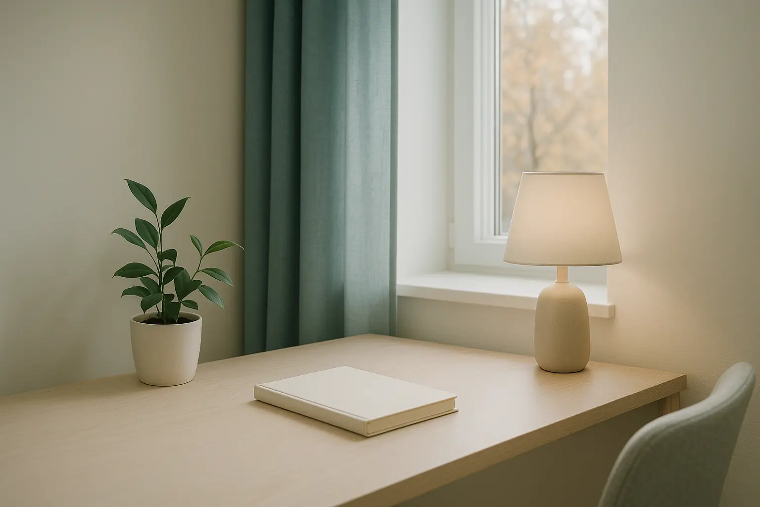 Bureau minimaliste baigné de lumière douce, palette neutre avec accent teal, ambiance apaisante