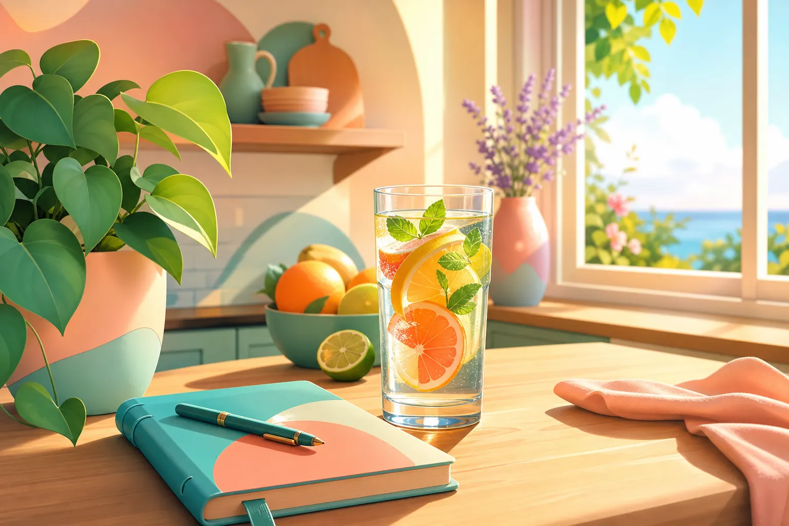 Warm colorful illustration of a sunny kitchen table with a glass of water, sliced citrus, a journal, and soft teal and lavender summer light
