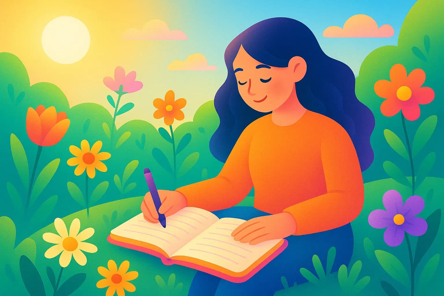 Ilustración alegre de una persona sentada al sol entre flores en primavera, tomando notas en un diario