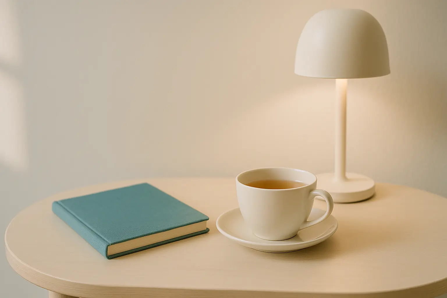 Carnet posé près d’une lampe douce au crépuscule, ambiance d’automne sereine.