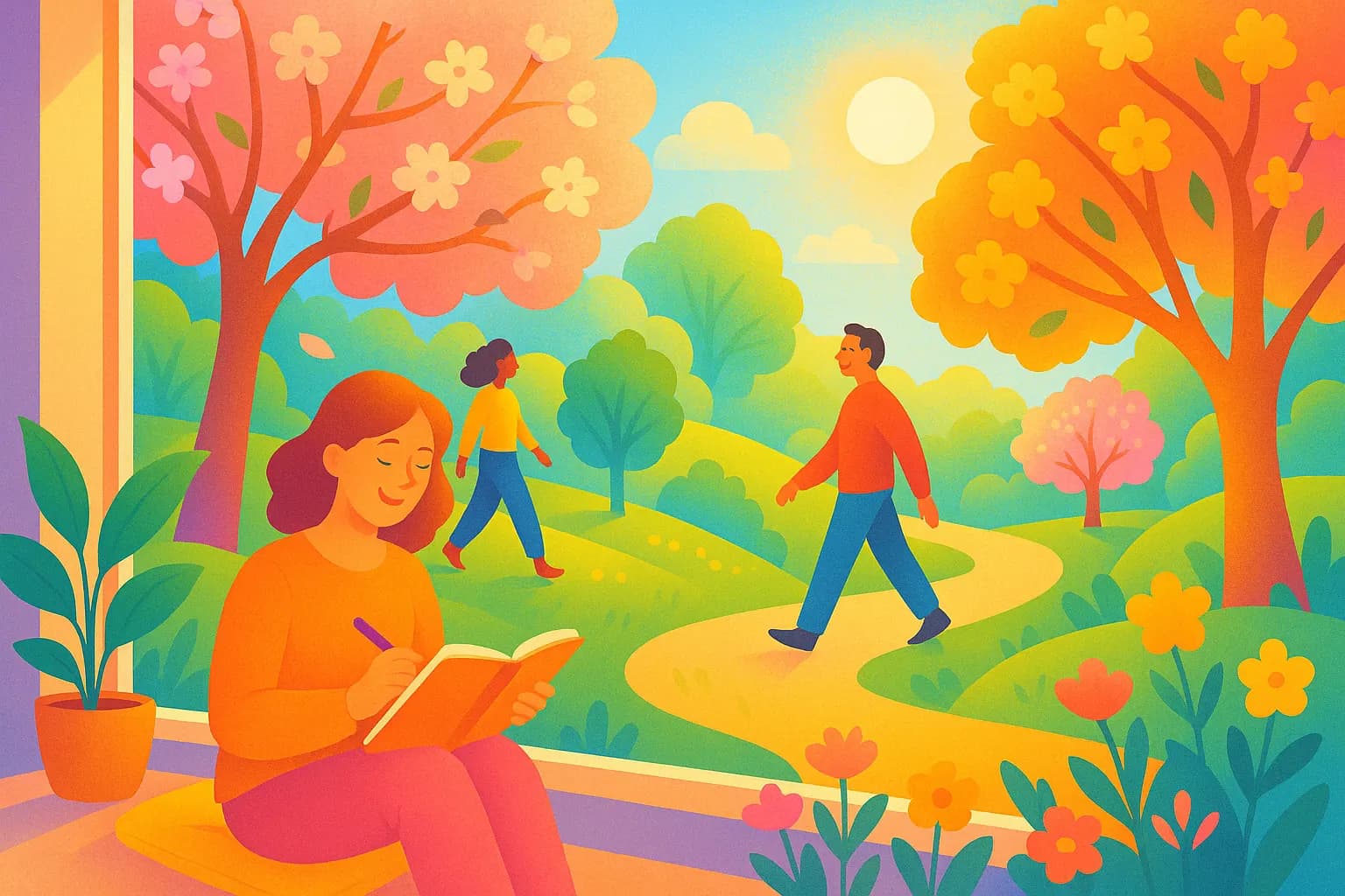 Ilustración alegre y colorida de un día de primavera, personas disfrutando aire libre y naturaleza.