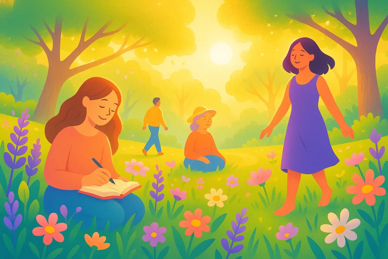 Colorful, uplifting spring scene with plants, sun, and people gently journaling or enjoying nature together.