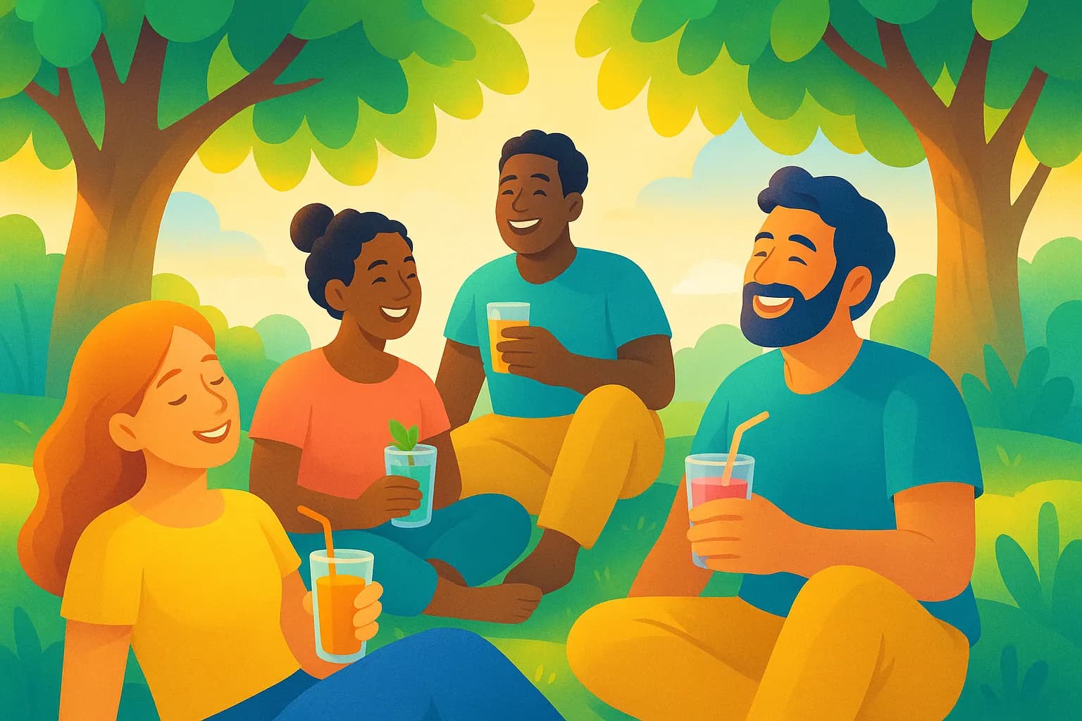 Ilustración veraniega alegre con personas hidratándose y descansando a la sombra