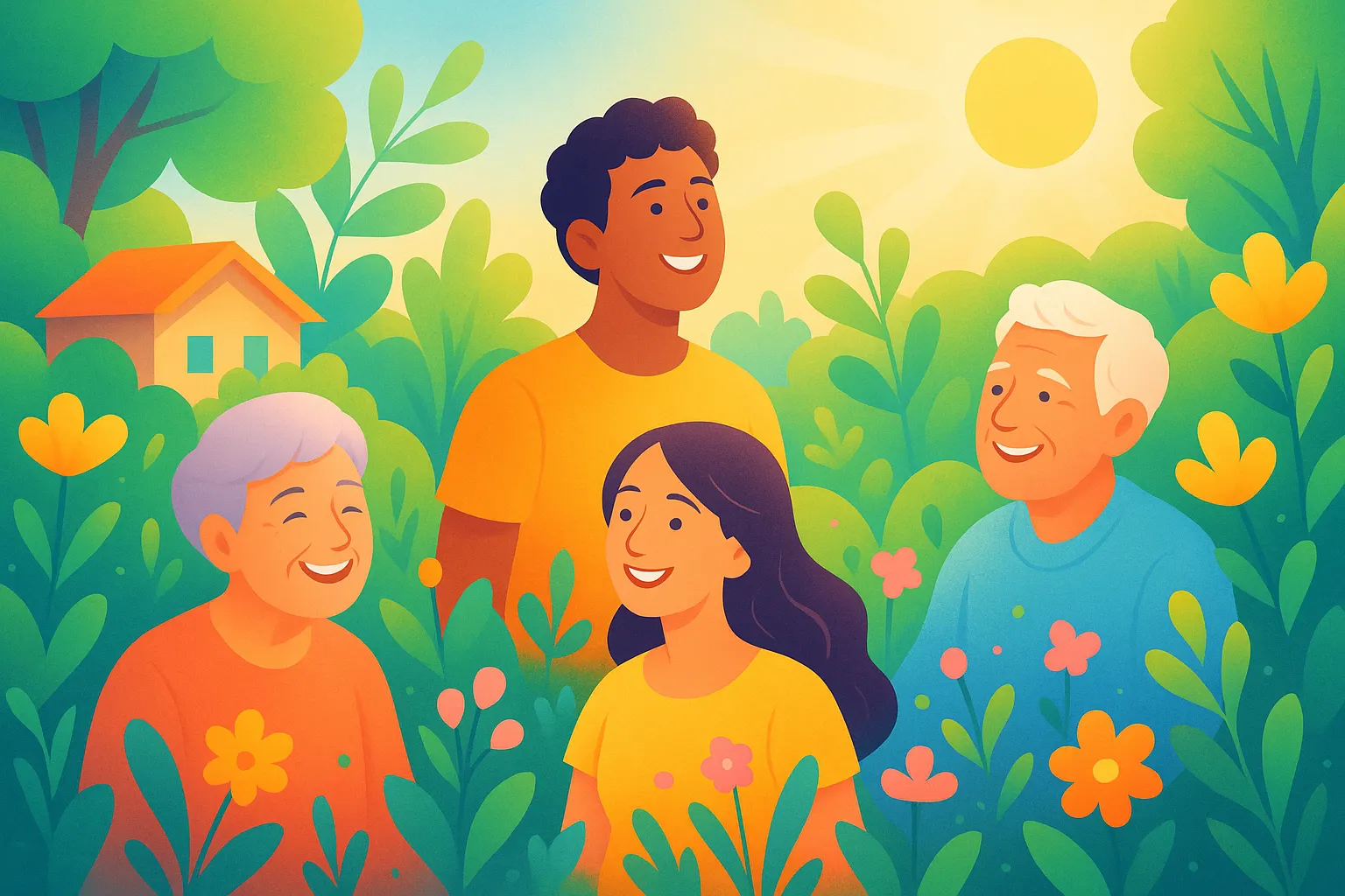 Ilustración colorida de personas disfrutando al aire libre en primavera, rodeadas de naturaleza y luz suave.