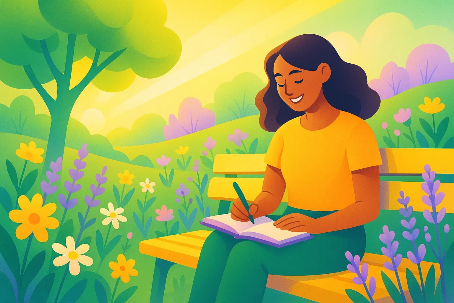 Jardin printanier baigné de soleil, jeune femme sur un banc avec carnet, ambiance légère et optimiste