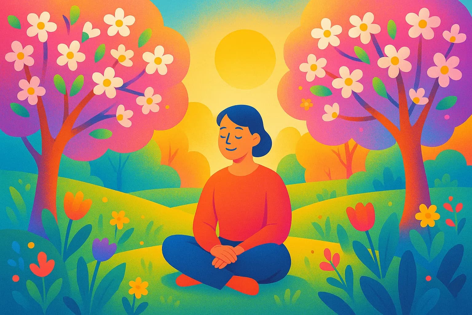 Ilustración colorida de una persona disfrutando la naturaleza en primavera, rodeada de árboles en flor y luz suave.