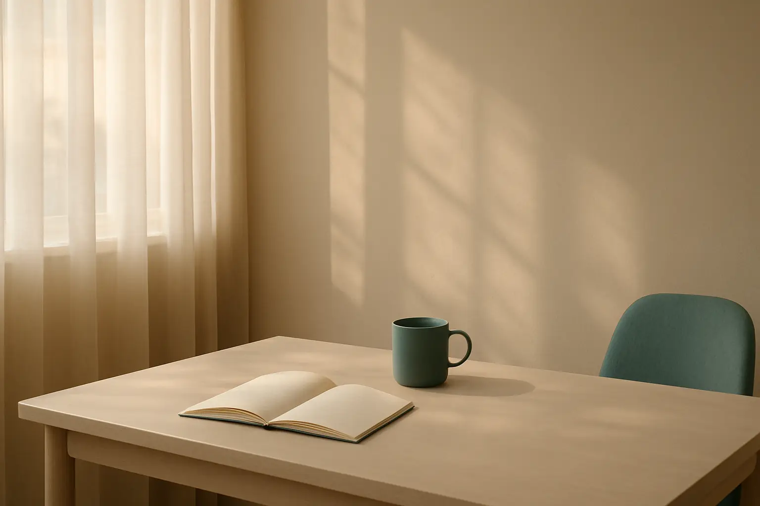 Luz de tarde entrando por una ventana sobre una mesa minimalista con taza y libreta
