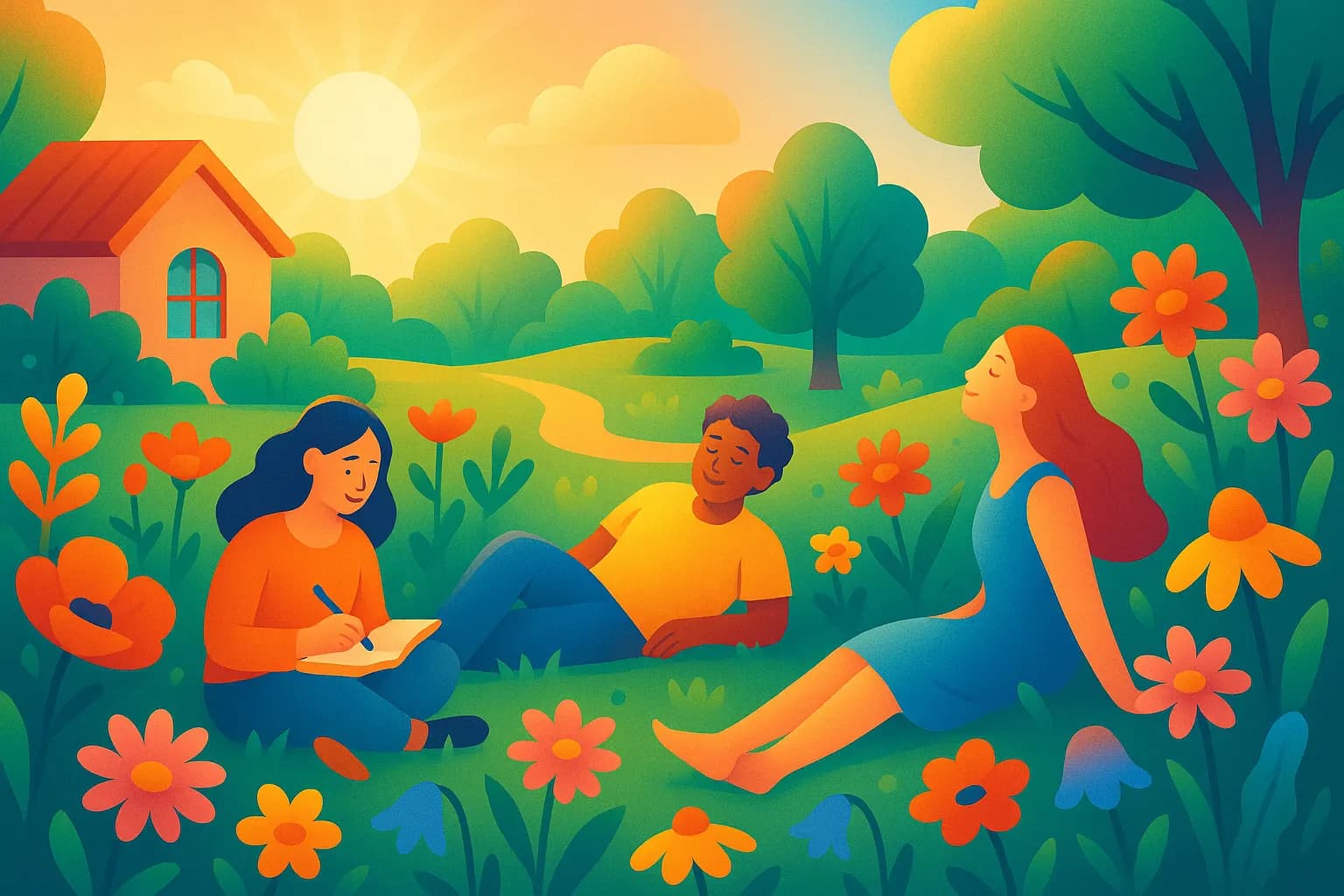 Un jardin coloré au printemps, lumière douce, ambiance chaleureuse