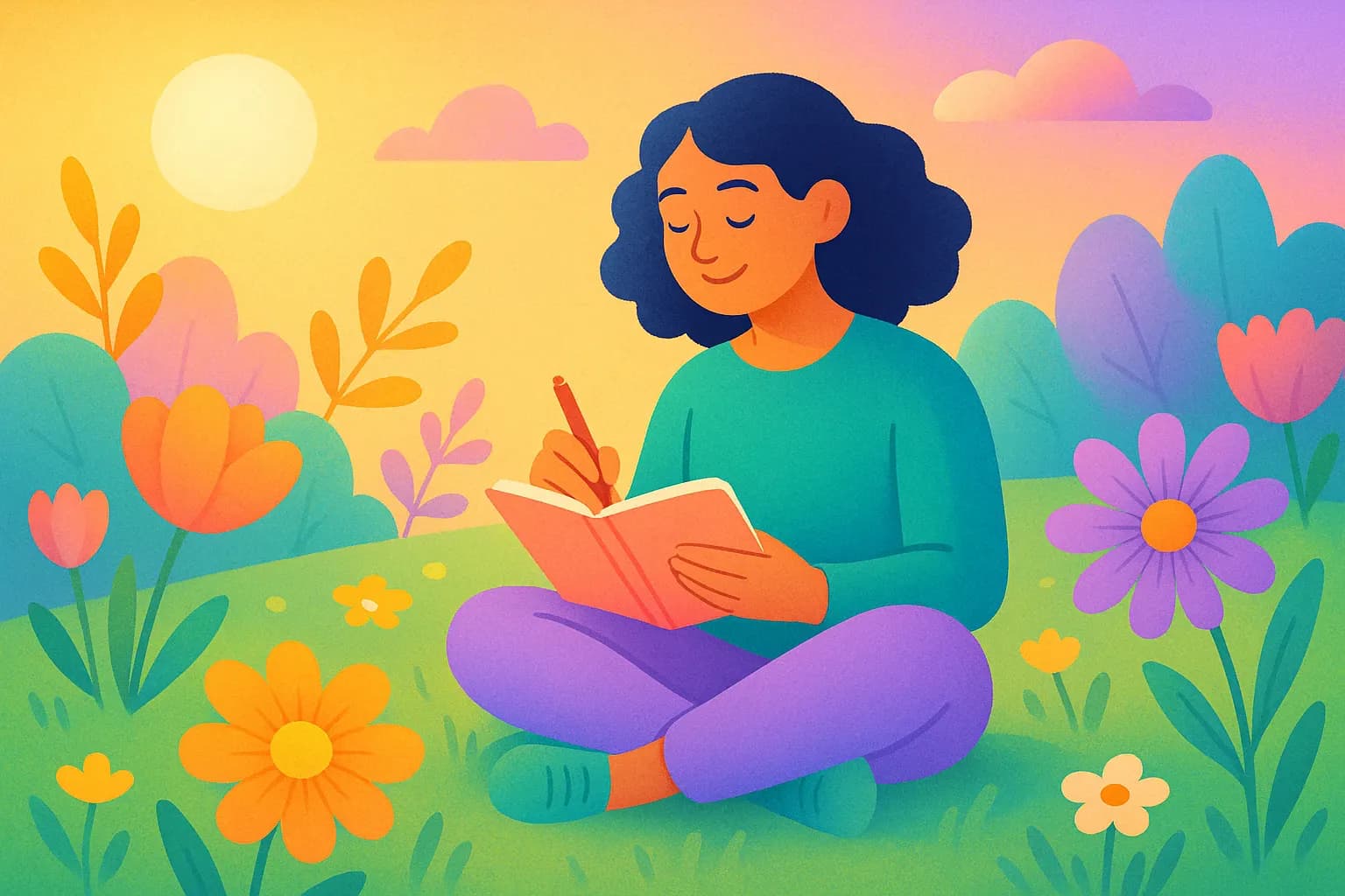 Playful spring scene with blooming flowers, gentle sunrise colors, and a person calmly journaling outdoors