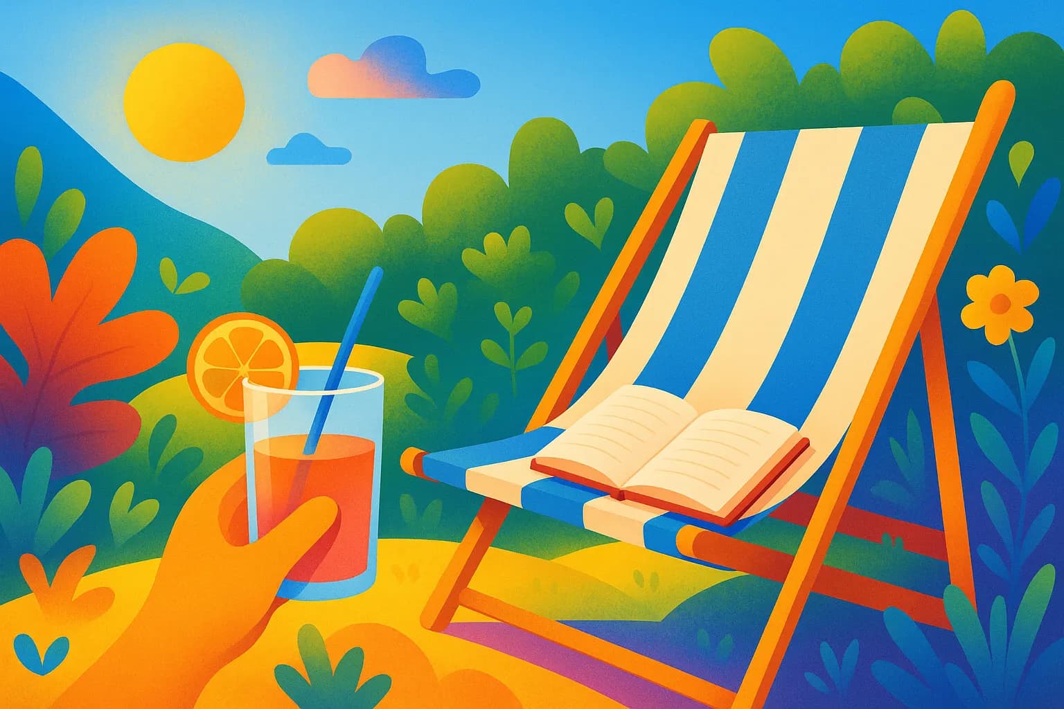 Un carnet coloré posé sur un transat, ciel bleu, boisson rafraîchissante et ambiance estivale bienveillante