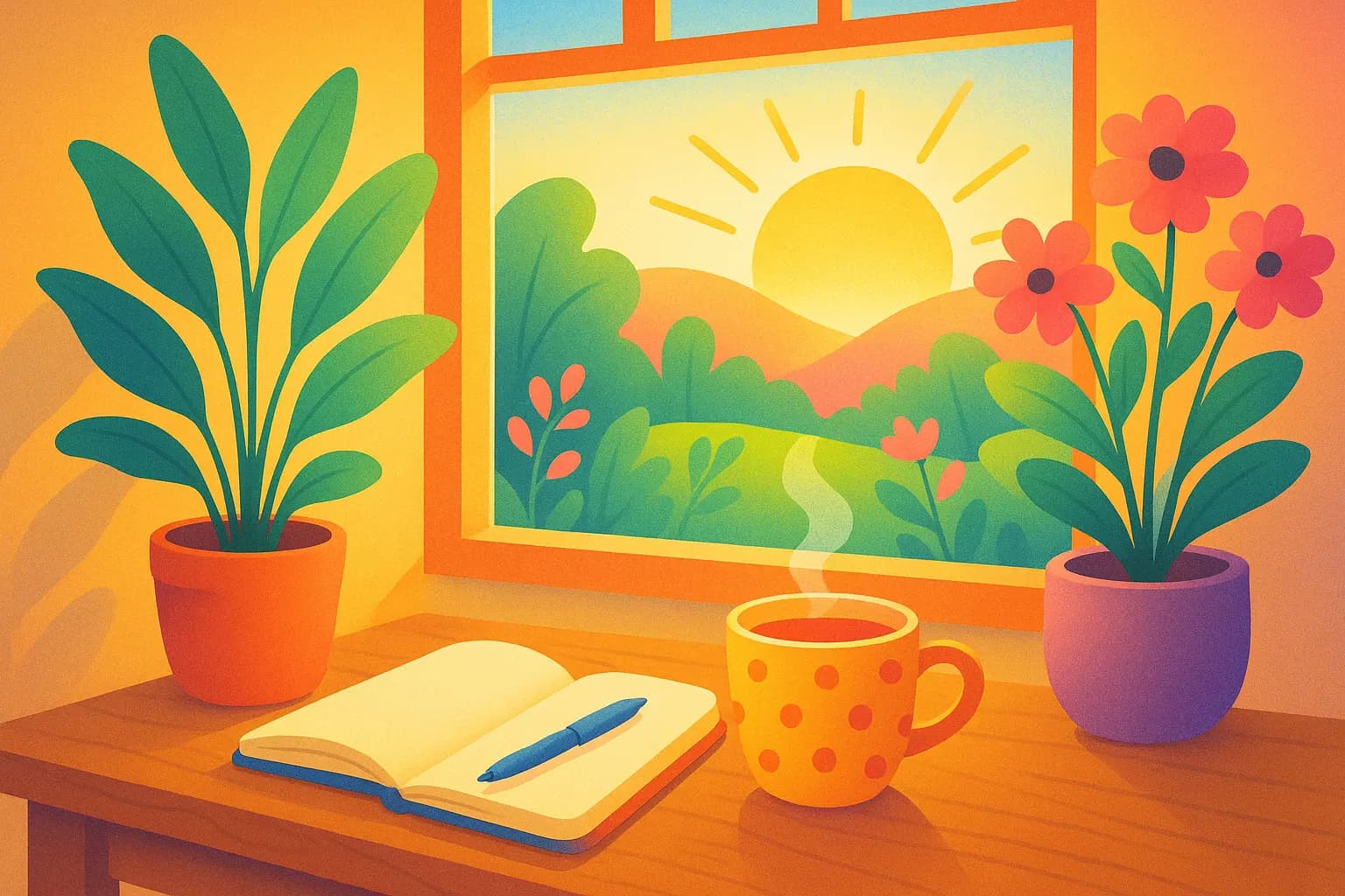 Cheerful illustration of spring morning, cozy journaling, and a bright cup of tea
