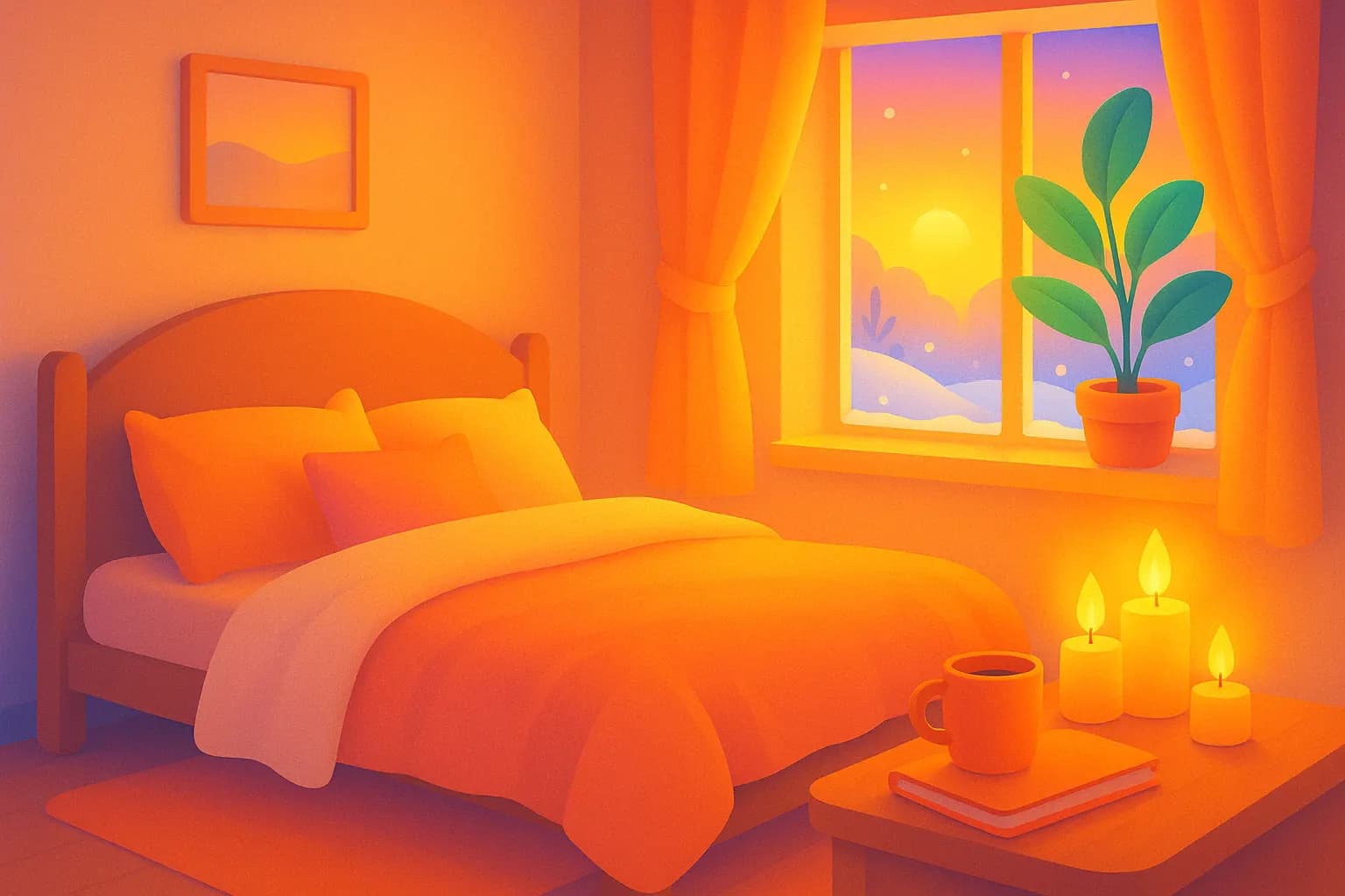 A cozy bedroom at sunset with warm light, soft bedding, glowing candles, and a leafy plant