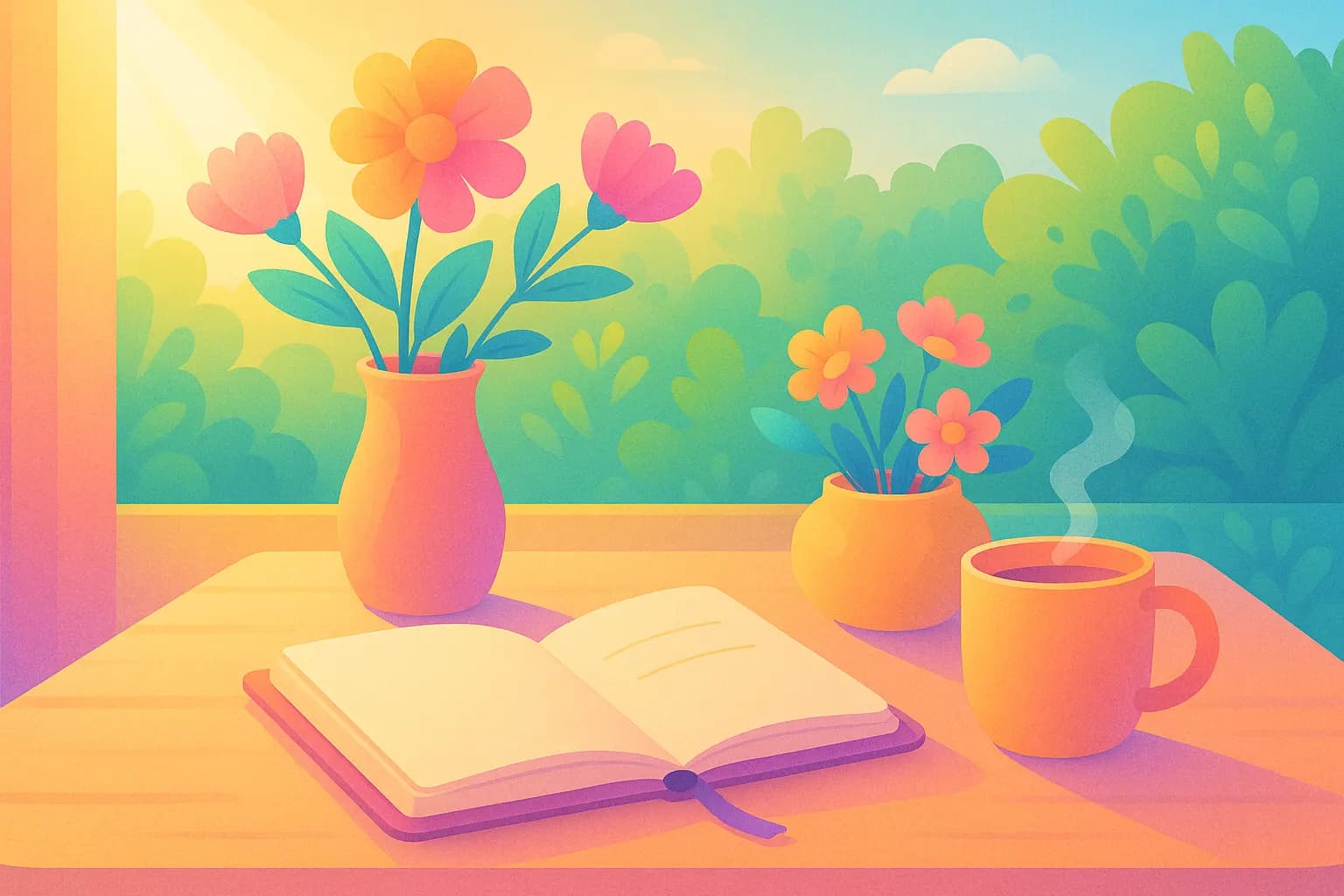 A cozy spring morning scene with sunlight, a journal, greenery, fresh flowers, and a mug, evoking a gentle fresh start.