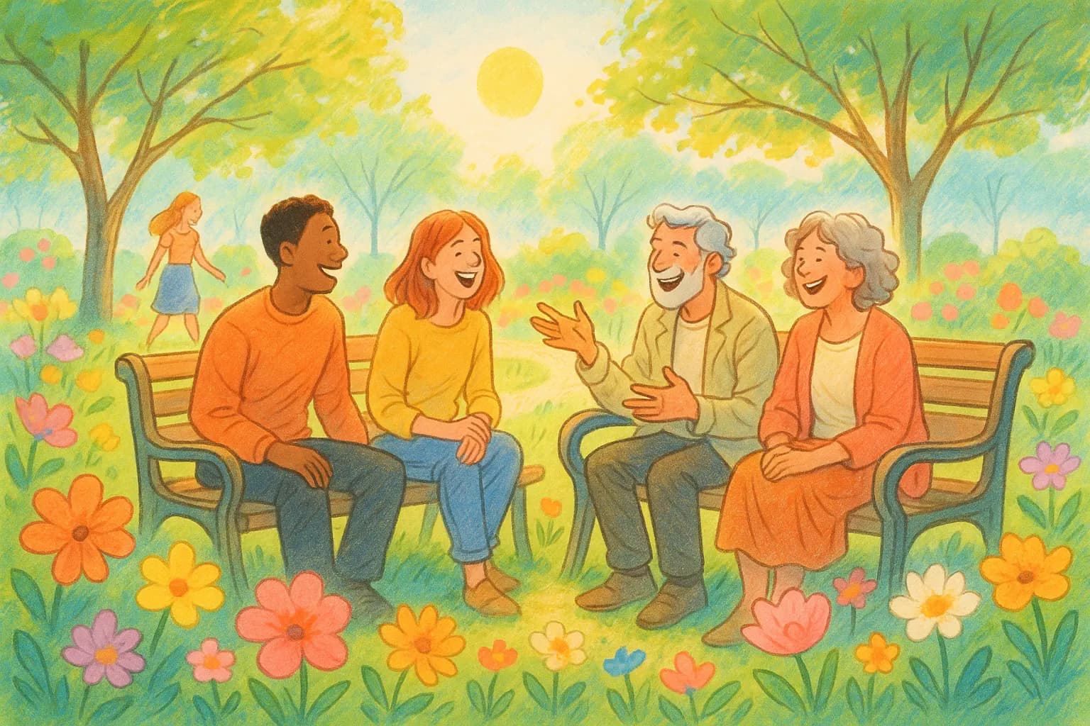Colorful spring scene, people gently reconnect outside, warm light and uplifting mood
