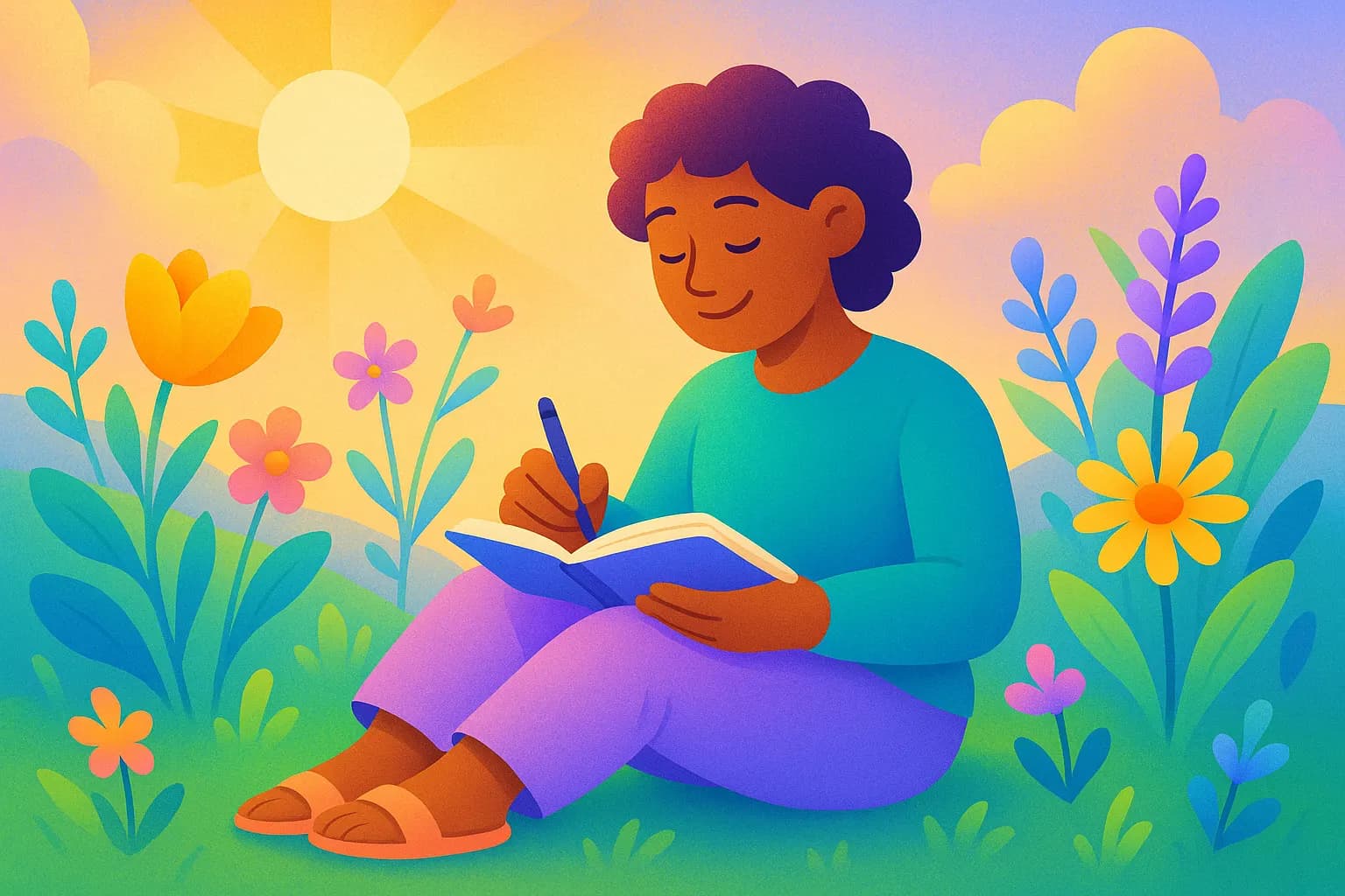 Une illustration colorée d’une personne assise dans l’herbe, carnet à la main, entourée de fleurs de printemps et de lumière douce.
