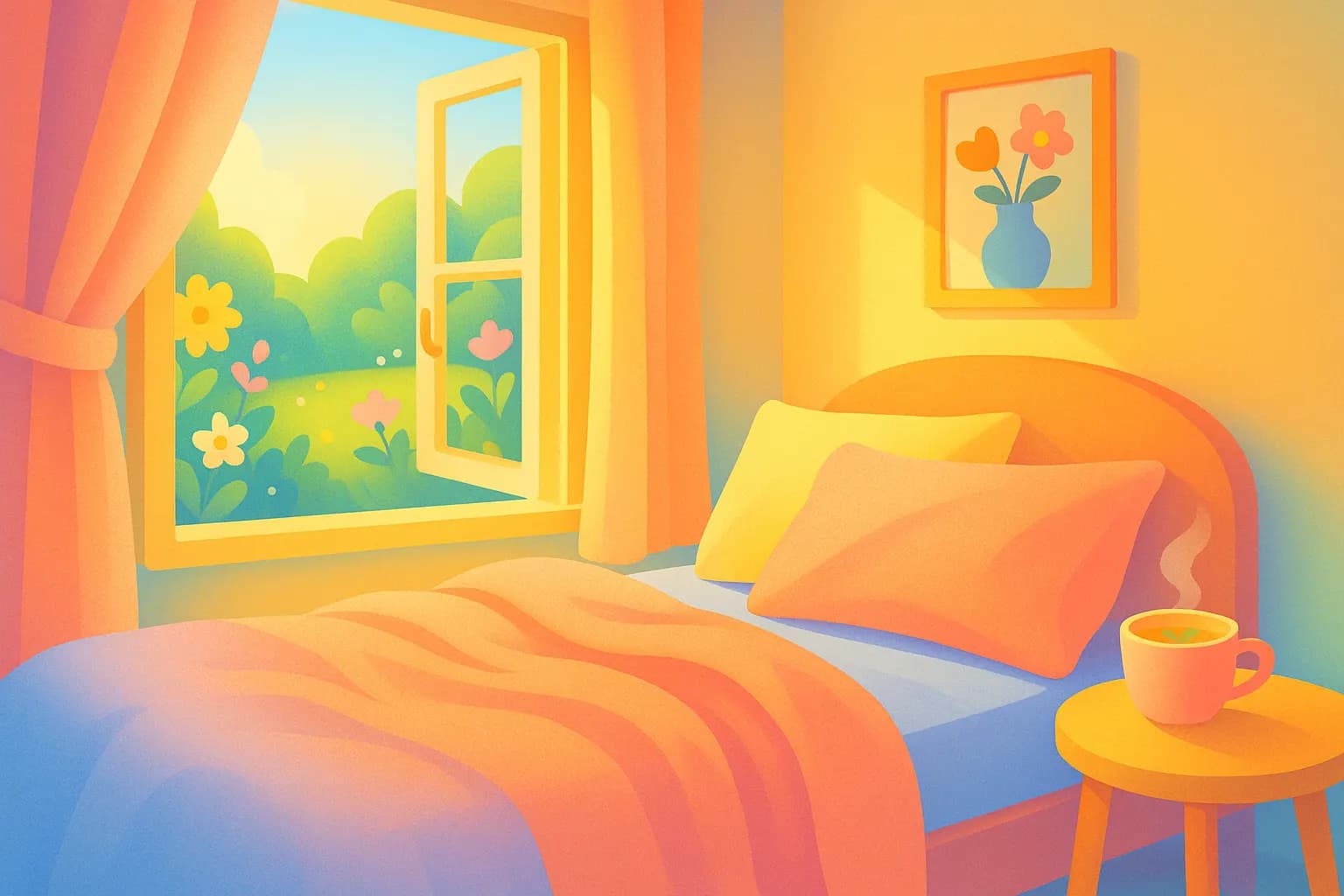 Chambre lumineuse, fenêtre entrebâillée sur un jardin fleuri, ambiance pastel, matin printanier