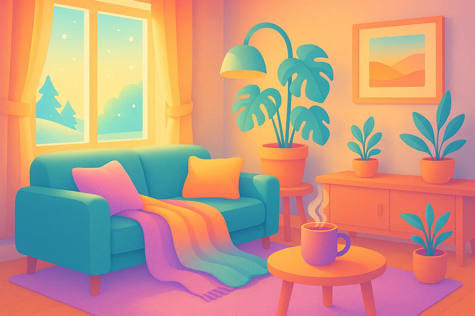 Ilustración cálida y colorida que transmite bienestar y calidez invernal, con luces suaves y ambiente acogedor.