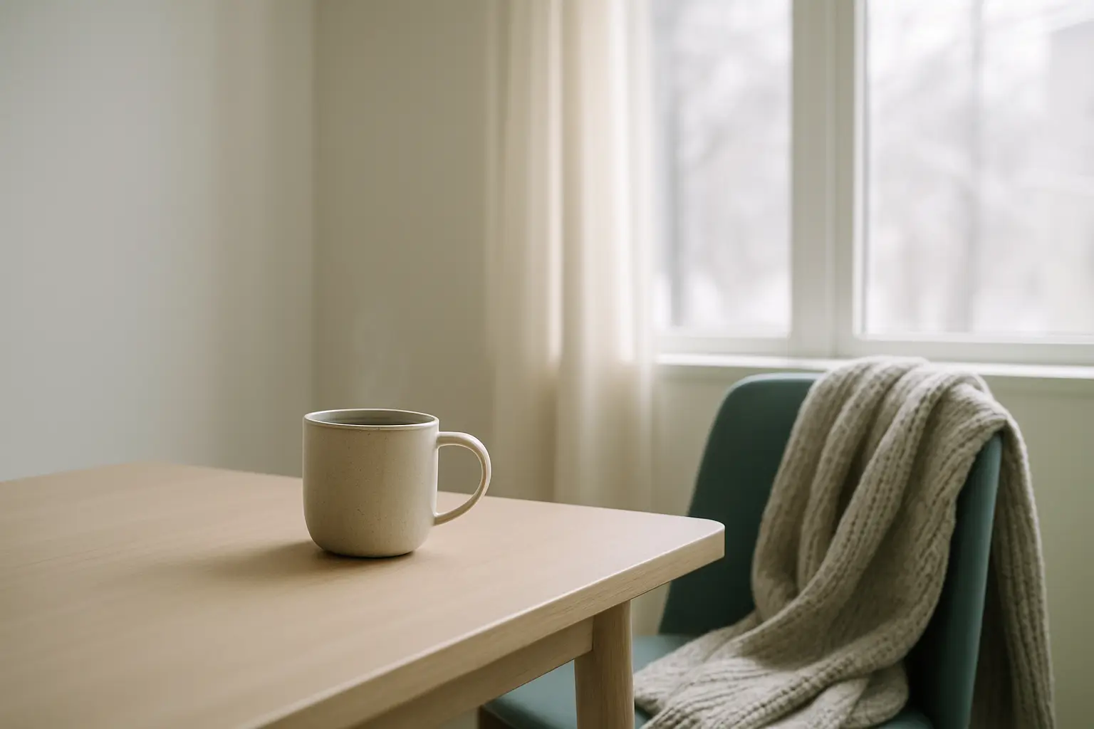Ambiance hivernale apaisée, lumière naturelle douce et tasse chaude sur une table en bois clair