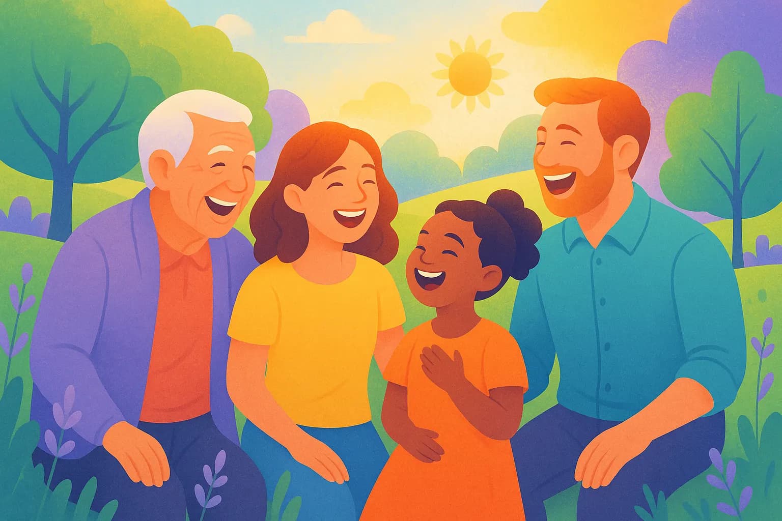 Illustration chaleureuse et colorée de personnes discutant dans un parc printanier, ambiance optimiste et ensoleillée.