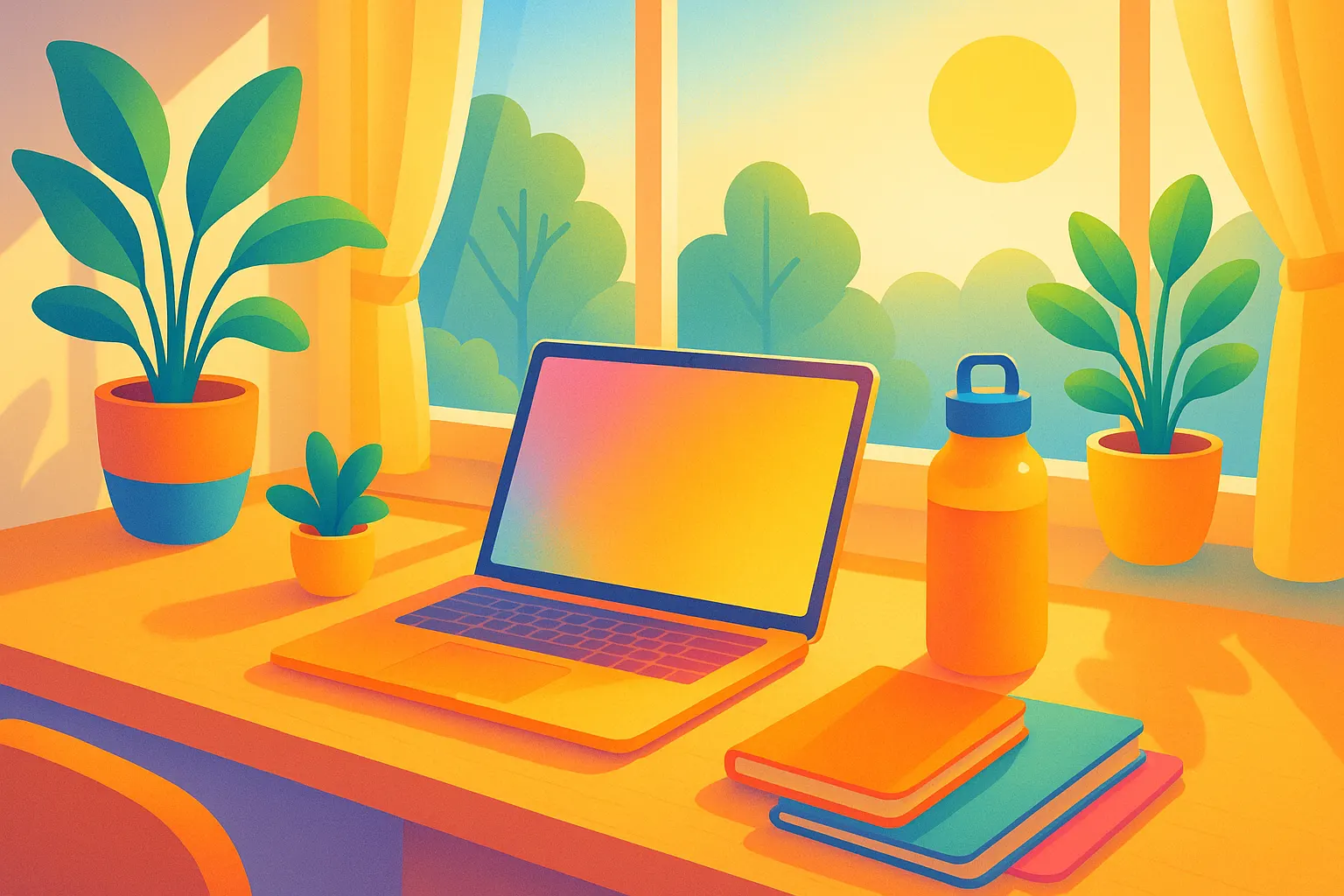 Colorful summer workspace with cozy sunlight, greenery, and a relaxed atmosphere