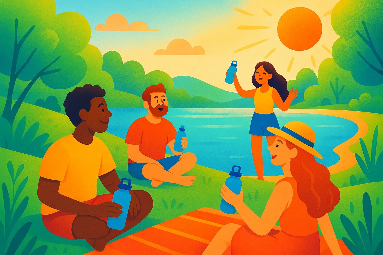 Personnes profitant du soleil en été avec eau, sourire, nature et couleurs chaleureuses