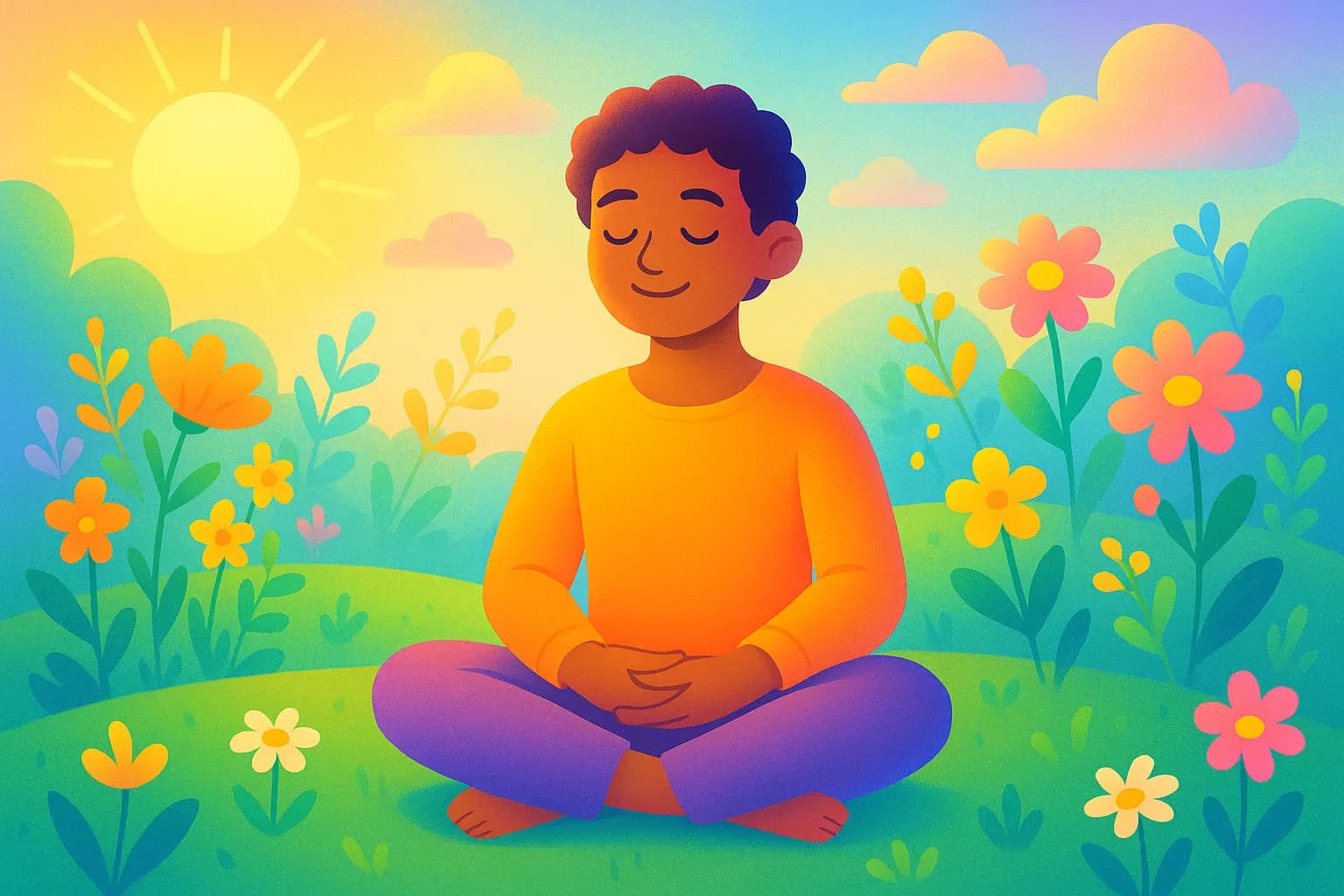 Ilustración colorida de una persona meditando al aire libre entre flores y árboles bajo un cielo primaveral