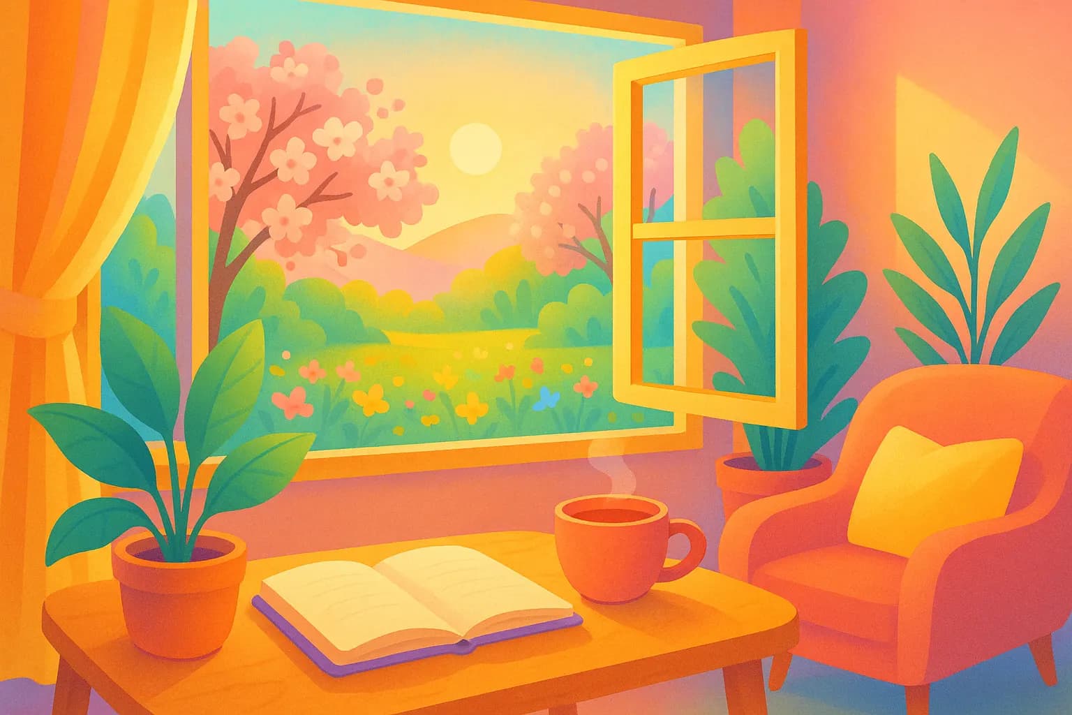 Colorful spring nature scene with a cozy home, sunlight, and a journal on a table.