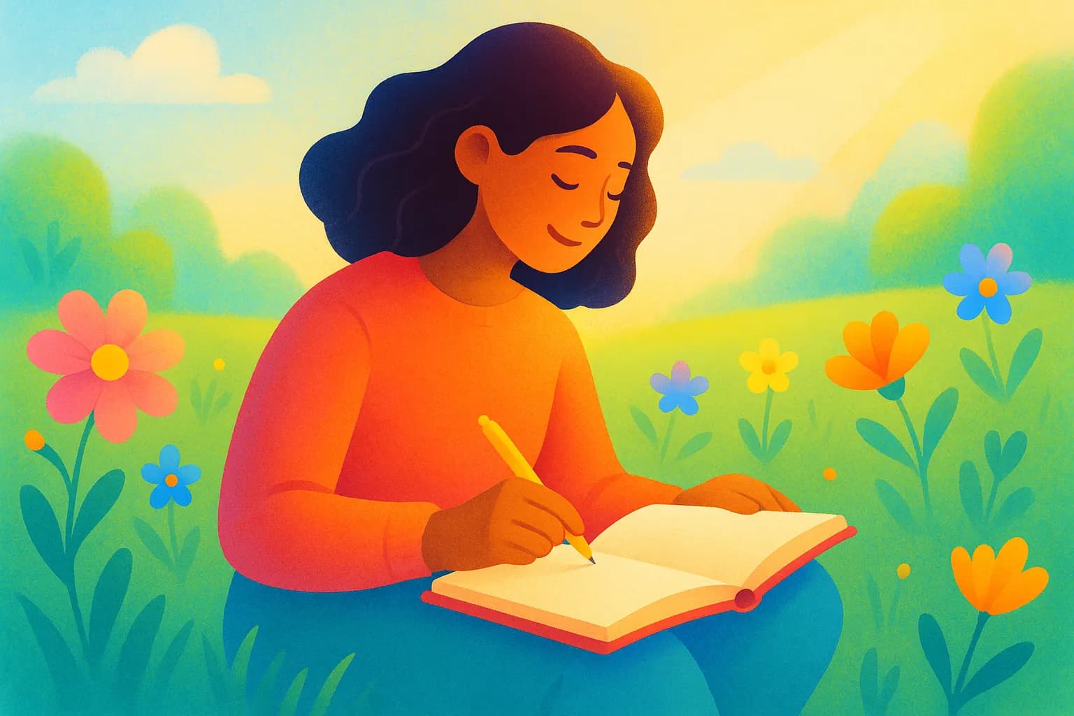 Colorful, uplifting illustration of a person journaling outdoors with spring blossoms and sunlight