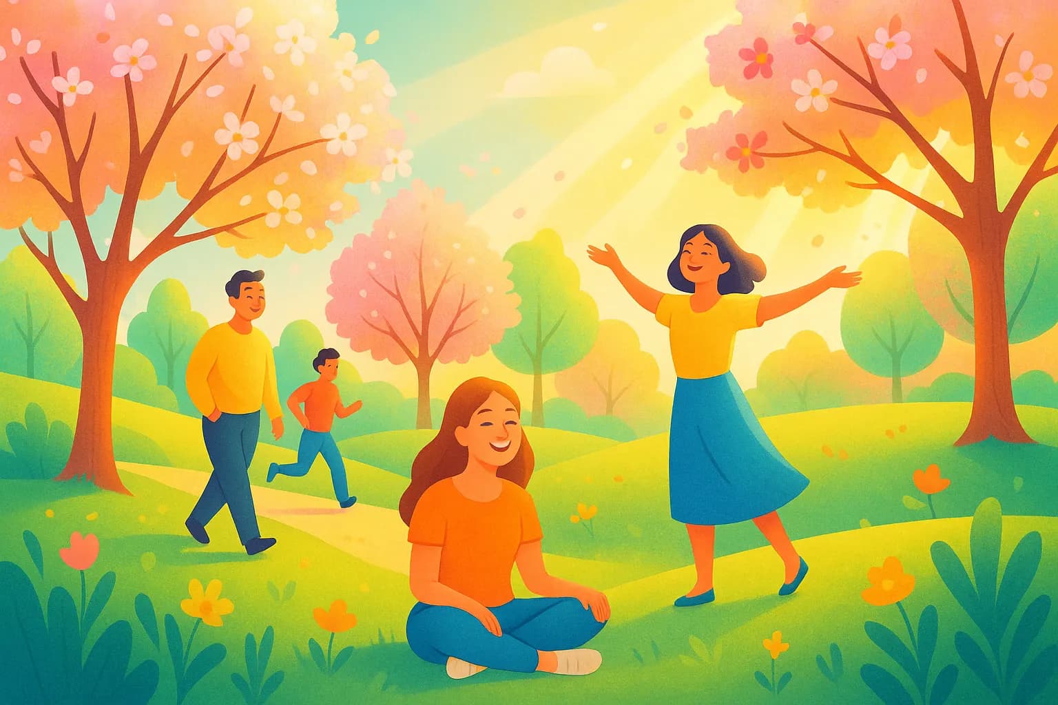 Scène printanière colorée avec des personnes souriantes profitant du soleil dans un parc