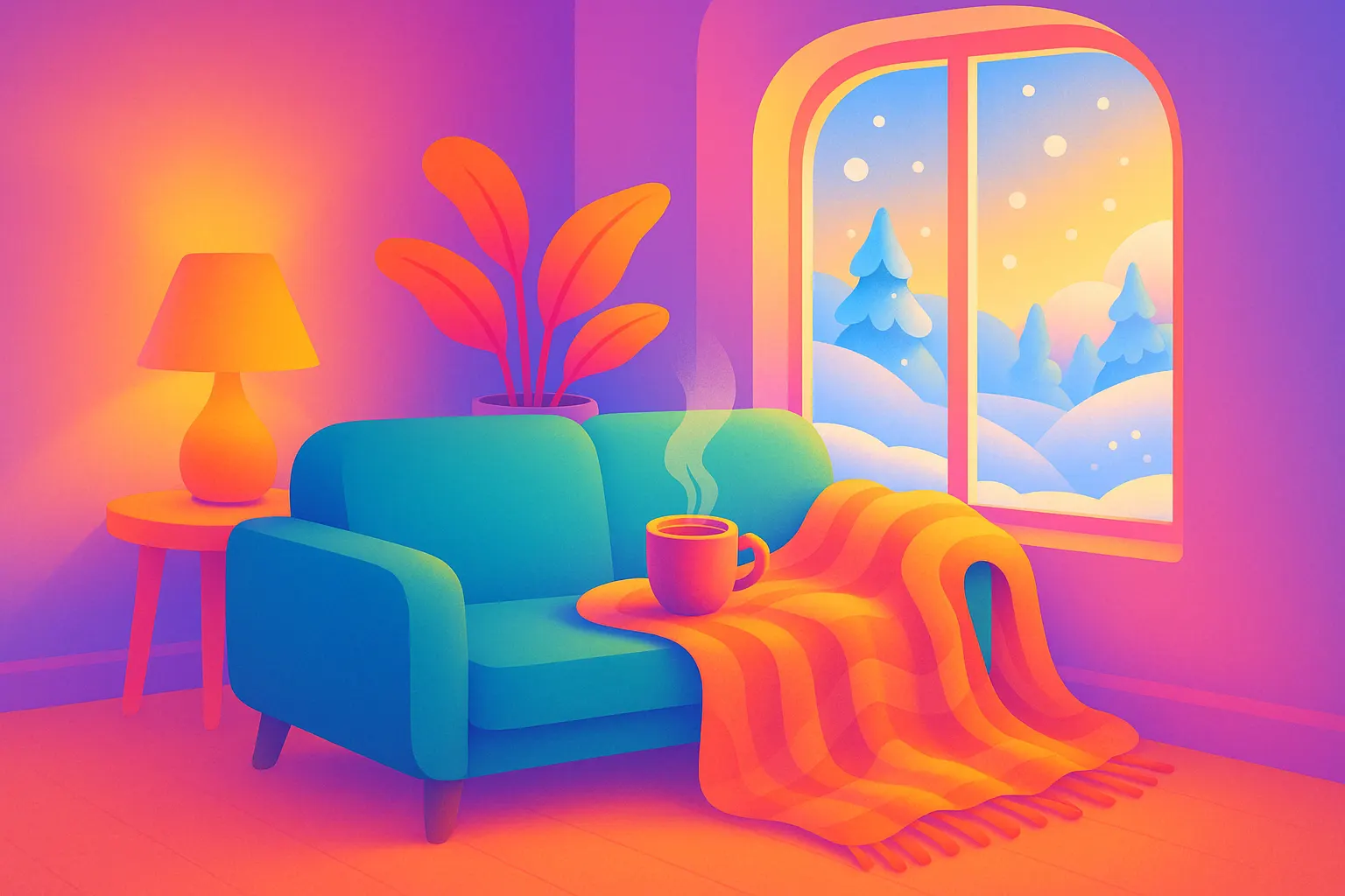 Illustration colorée d’un salon cosy en hiver, lumière douce, tasse de thé, plaid, plante verte sur le rebord d’une fenêtre