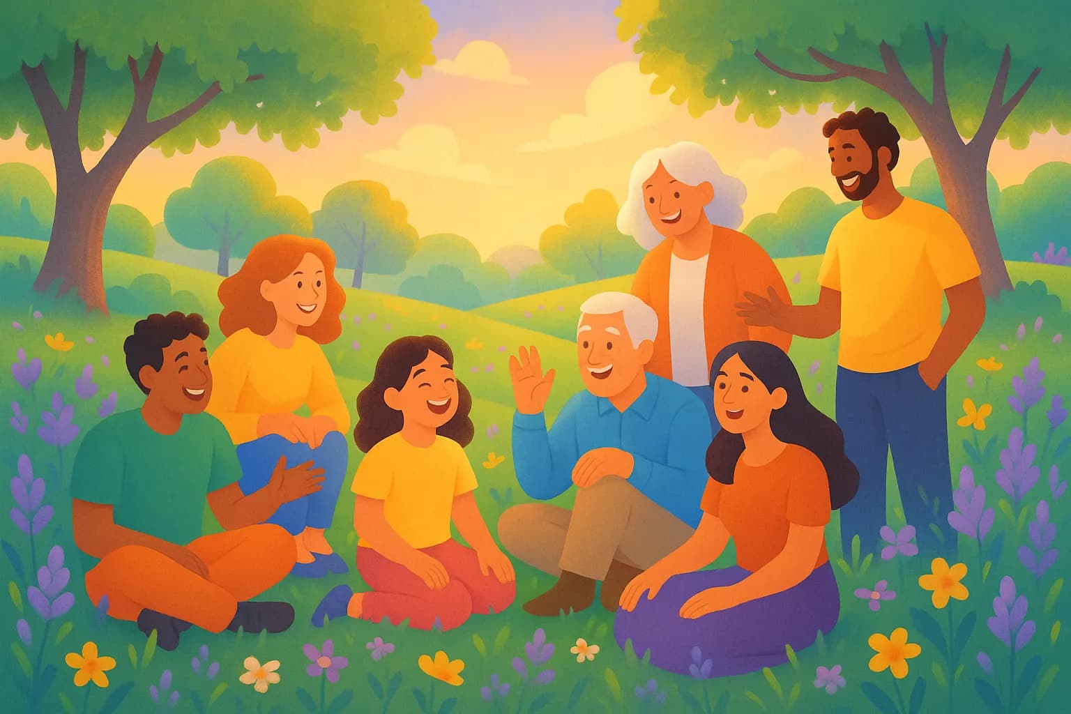 Ilustración vibrante de amistades compartiendo tiempo en un parque primaveral