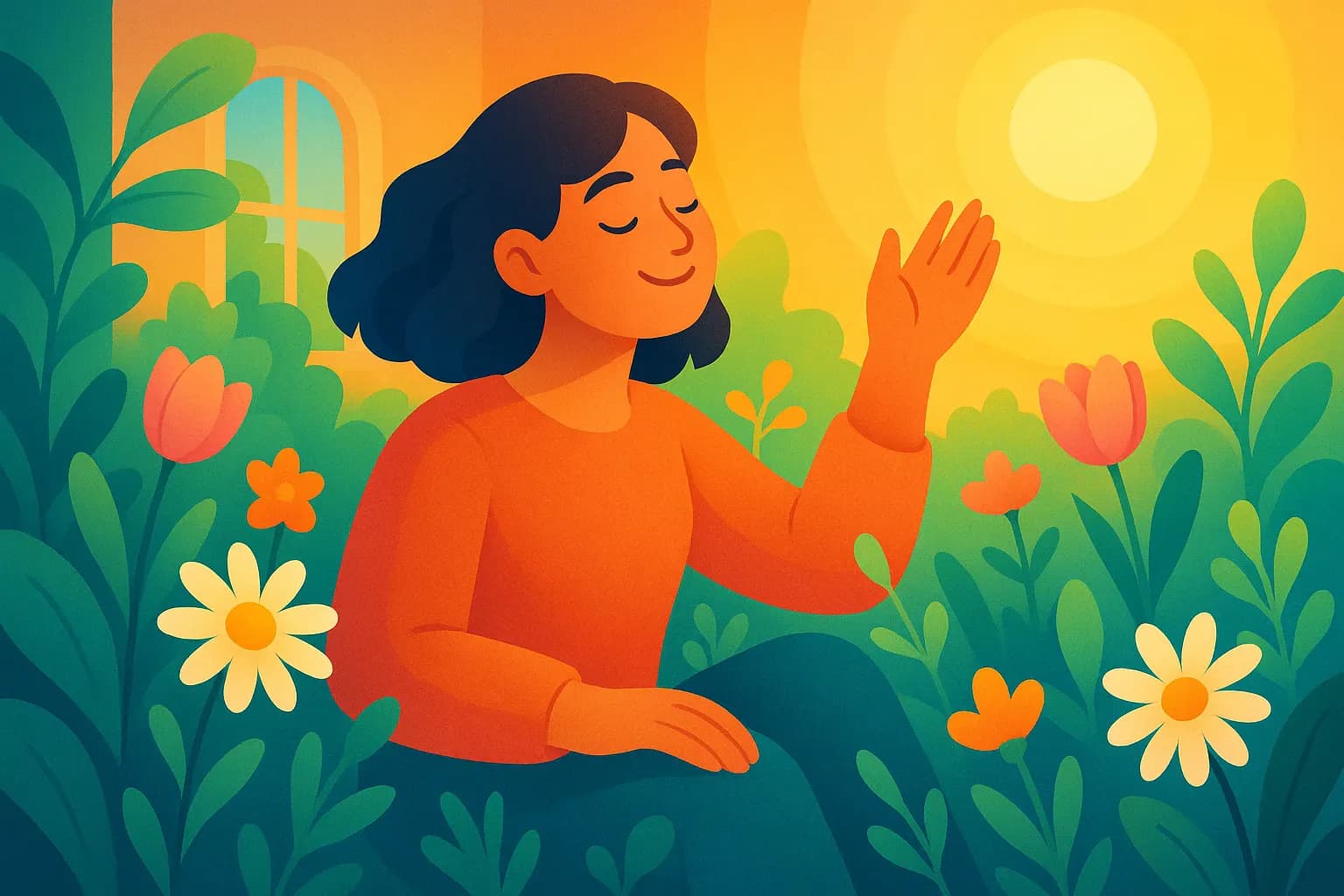 Illustration colorée et optimiste du printemps, personne profitant de la nature pour booster son mood