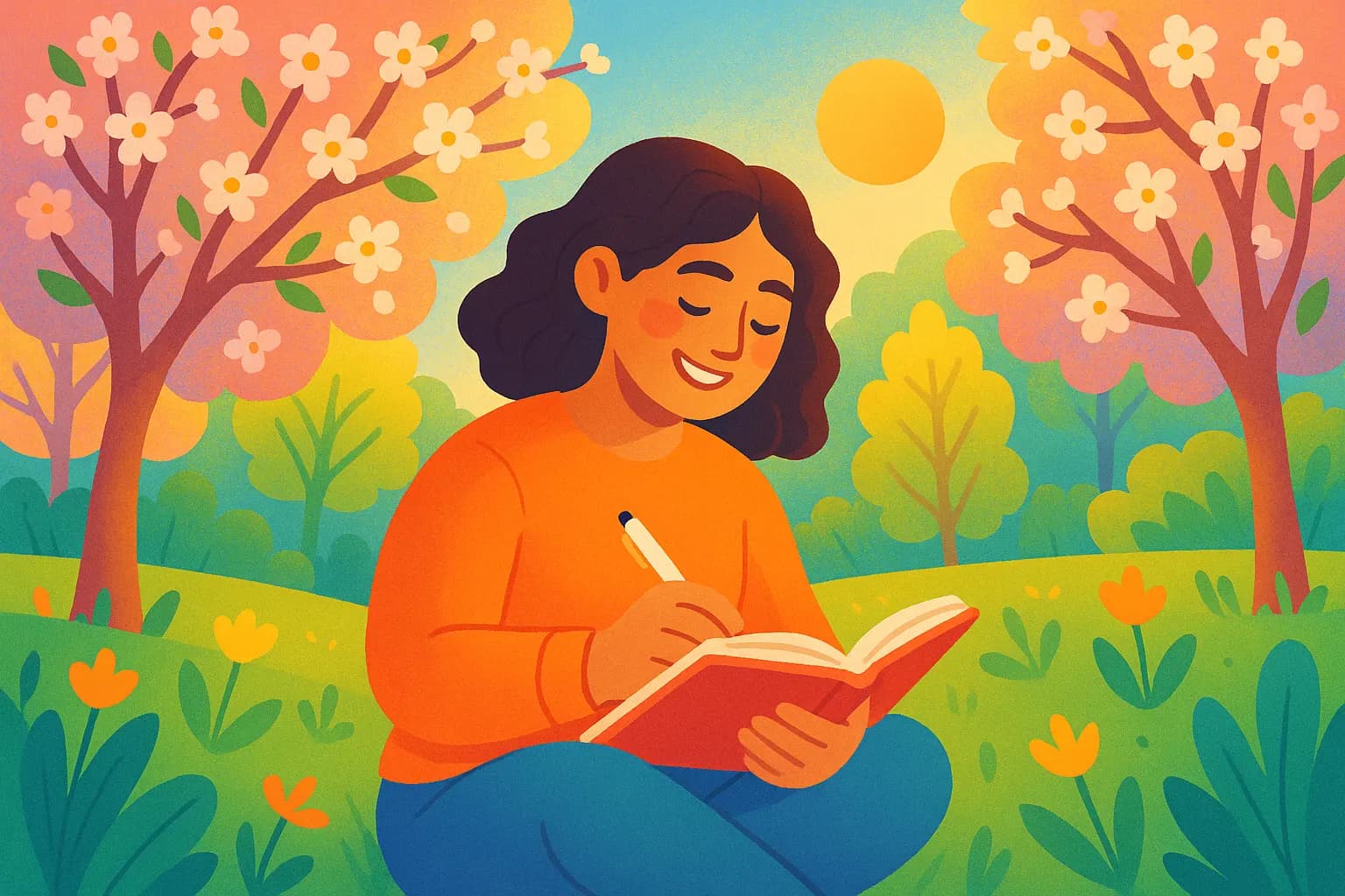 Ilustración acogedora de una persona sonriendo mientras escribe en su diario, fondo con árboles en flor y colores vibrantes de primavera