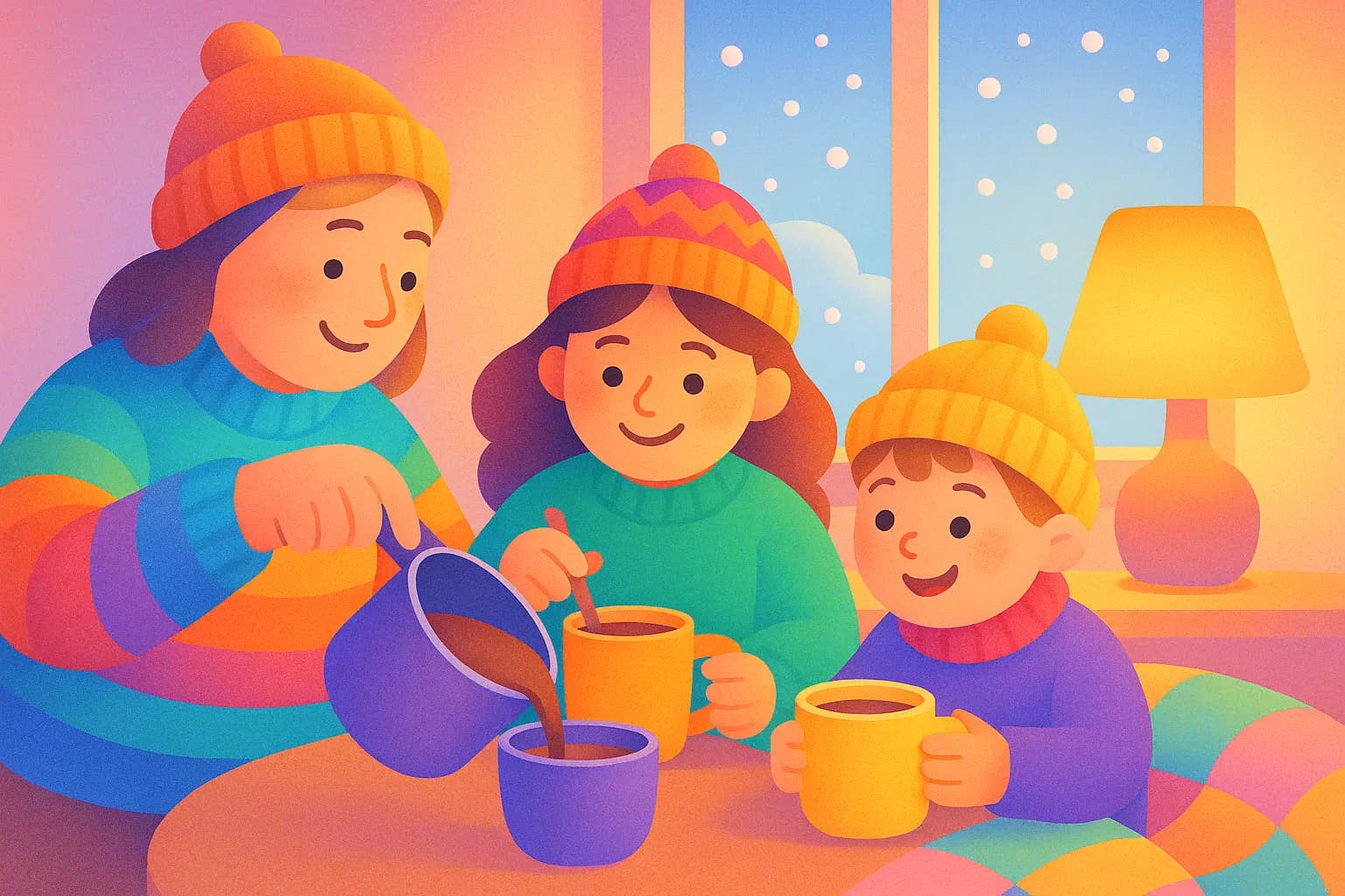 Famille réchauffée par des rituels d’hiver sous une lumière douce et colorée
