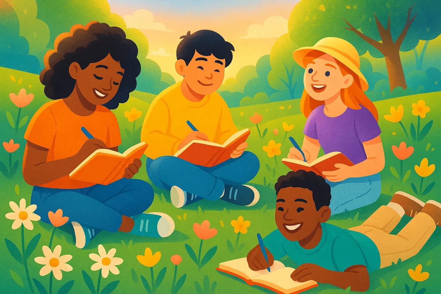 Ilustración alegre de adolescentes disfrutando el aire libre, rodeados de flores y colores de primavera