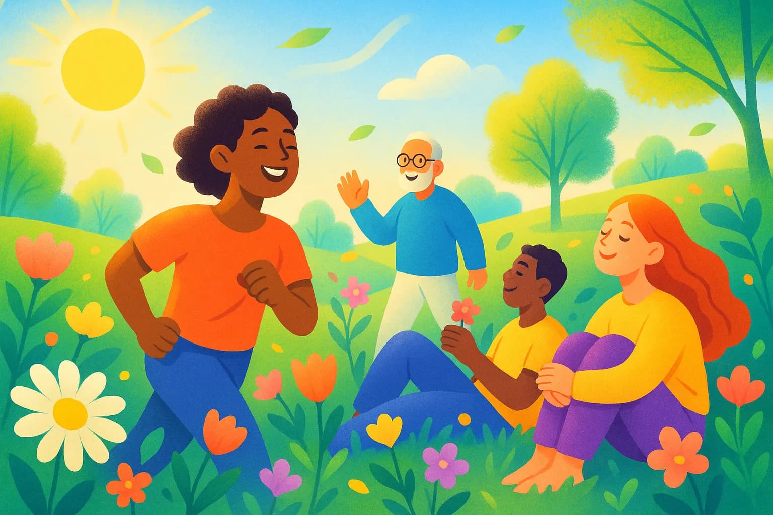 Personnes souriantes appréciant la nature au printemps, ambiance colorée et chaleureuse