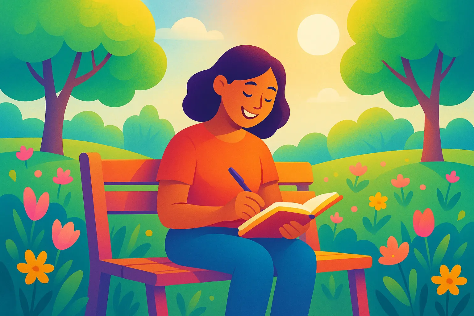 Mujer sonriente en un parque primaveral escribiendo en su diario, rodeada de naturaleza y colores vivos