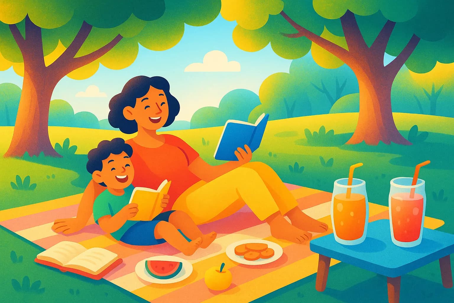 Colorful summer illustration of a happy family outdoors, with sunshine, water, and playful details
