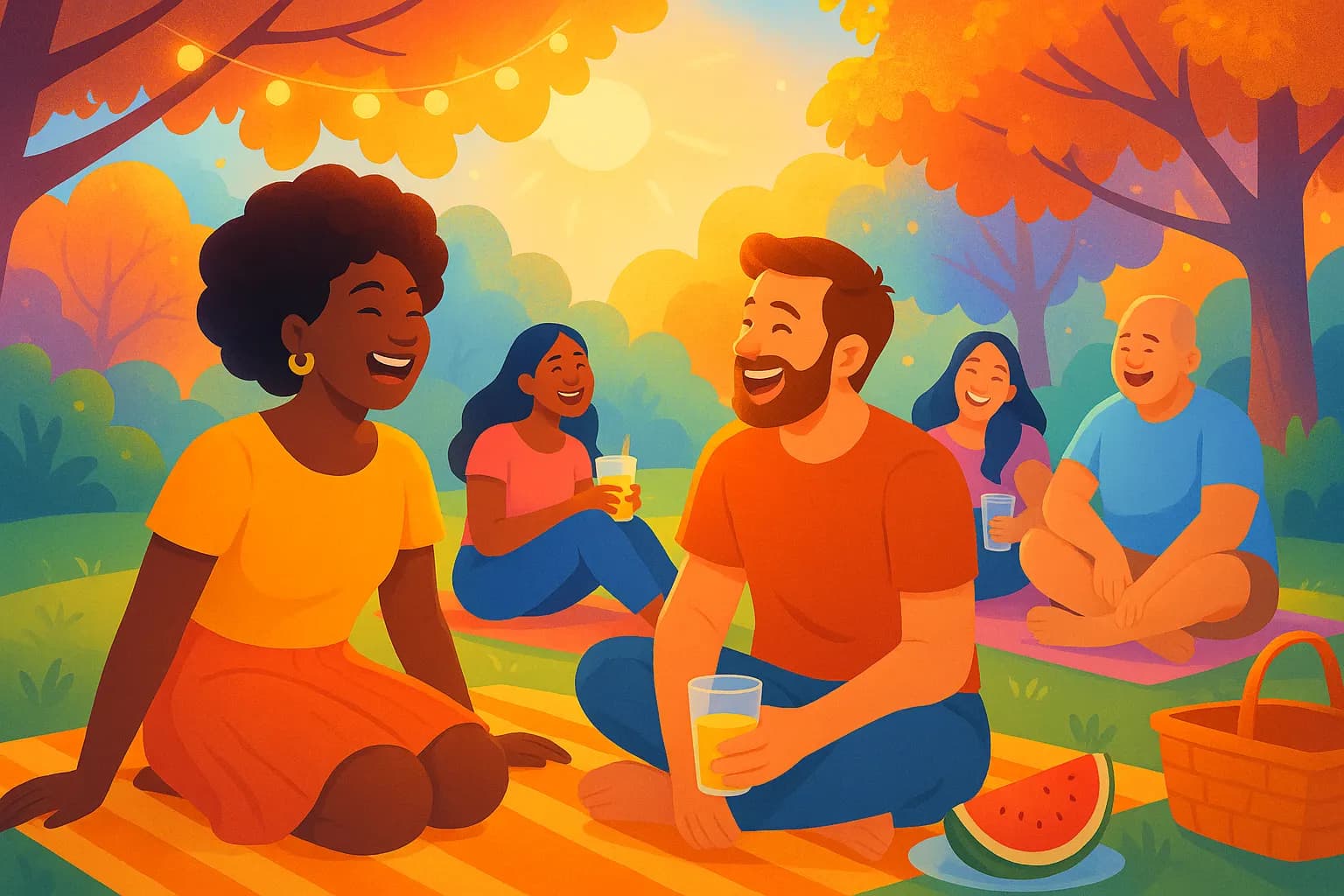Personas en un jardín colorido disfrutando tranquilamente el verano, ambiente relajado y optimista.