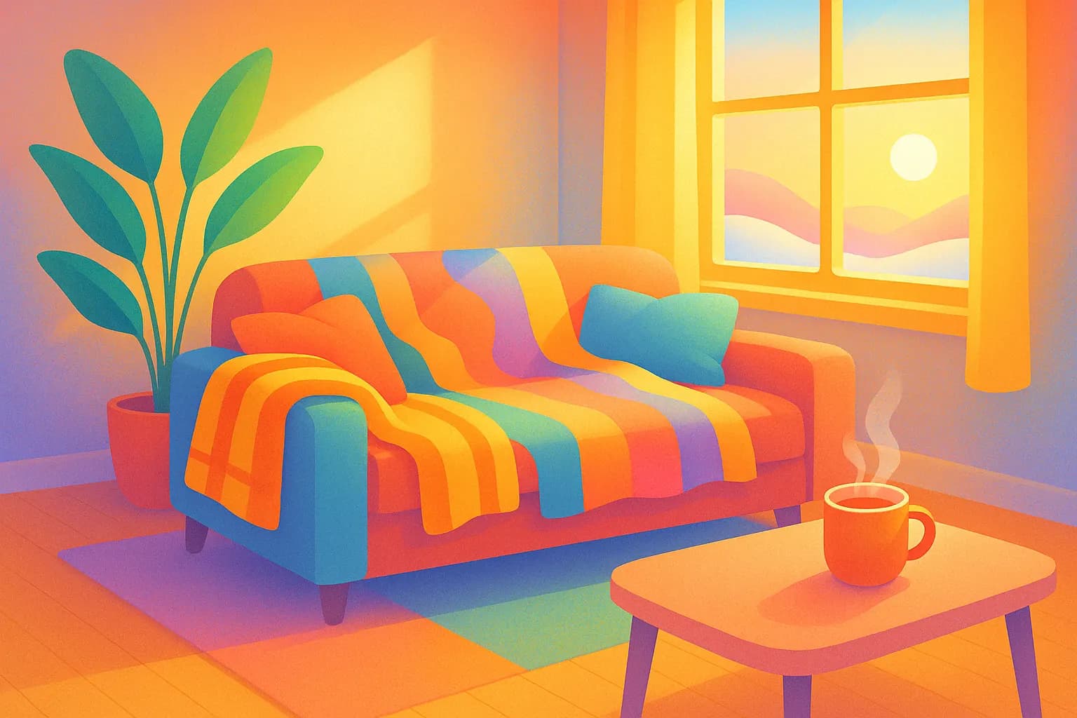 Ambiance chaleureuse d’hiver, lumière douce à la maison, tasse de thé fumant, couleurs vives