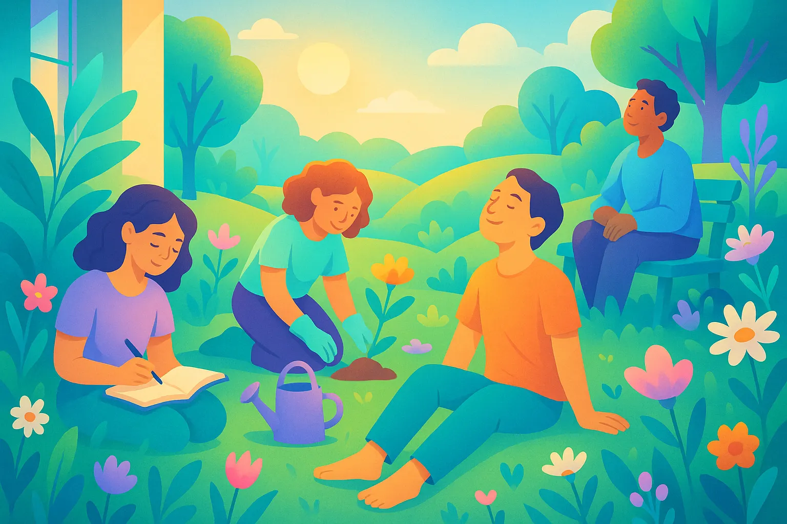 Illustration chaleureuse de personnes profitant du printemps en pleine nature et cultivant de nouvelles habitudes