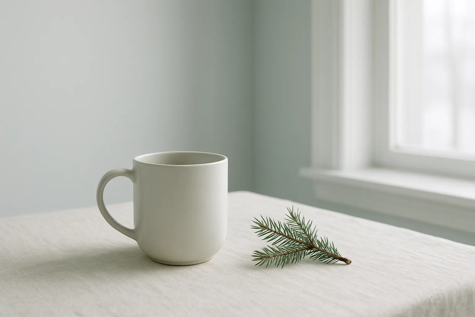 Taza humeante junto a una ventana invernal con luz natural suave; sensación serena y minimalista