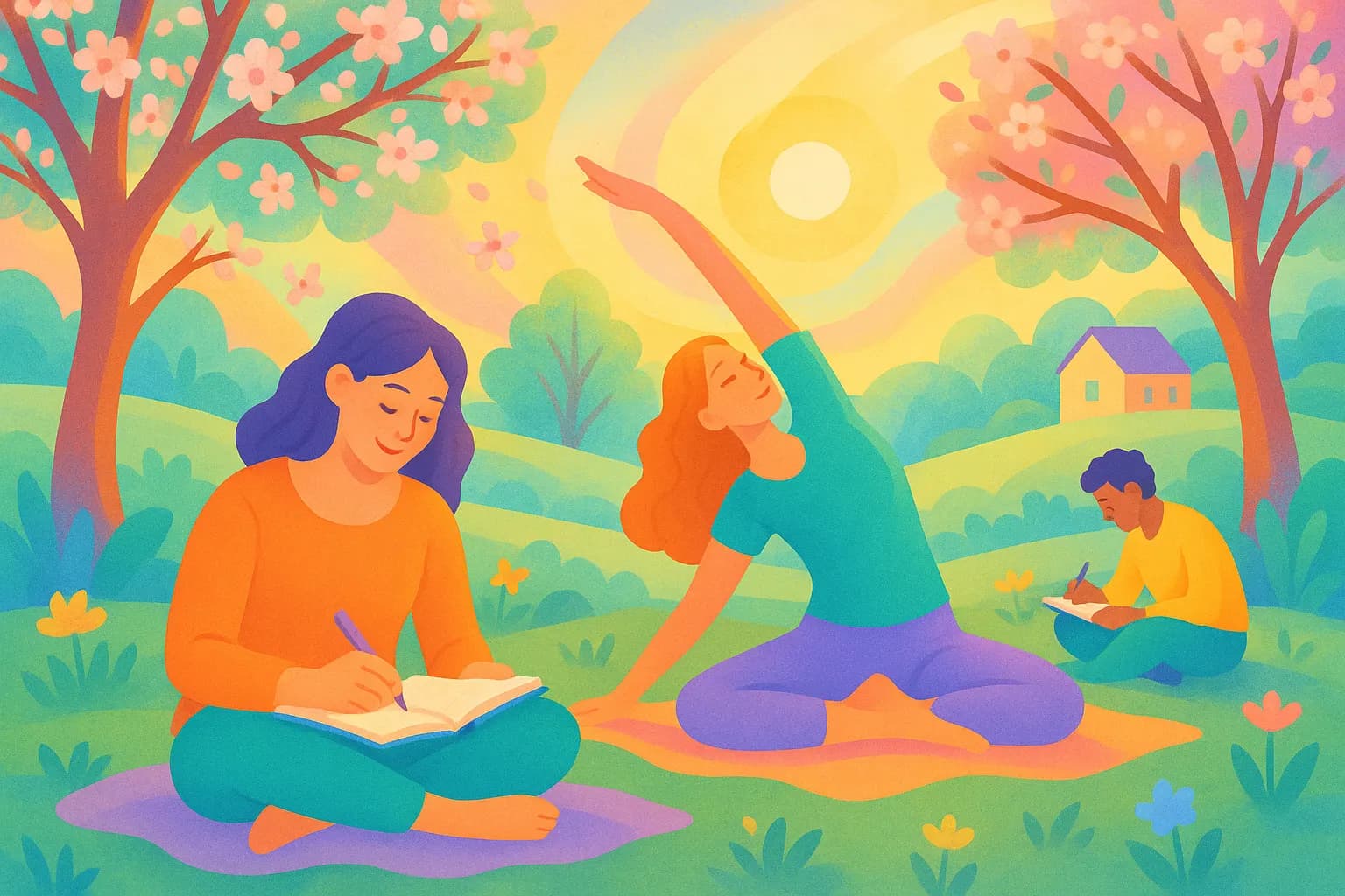 Jardin coloré au printemps, ciel bleu, illustration lumineuse et optimiste