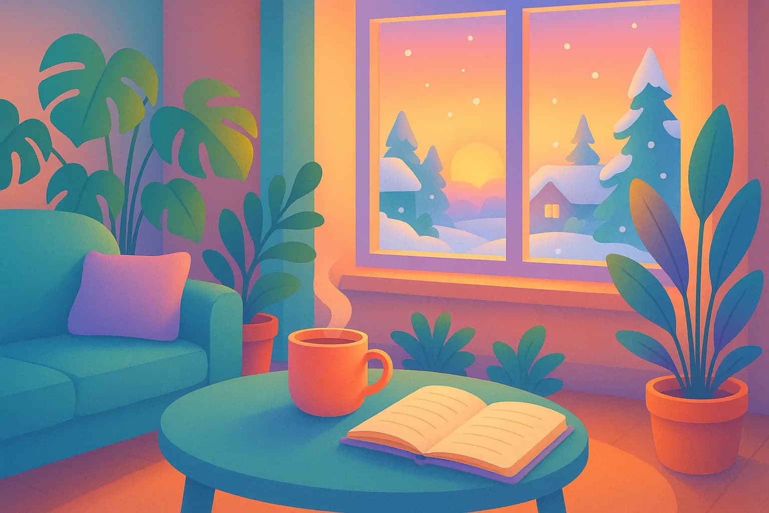 Warm, colorful living room at sunset with plants, tea, a journal, and soft lighting, symbolizing hope and coziness during winter
