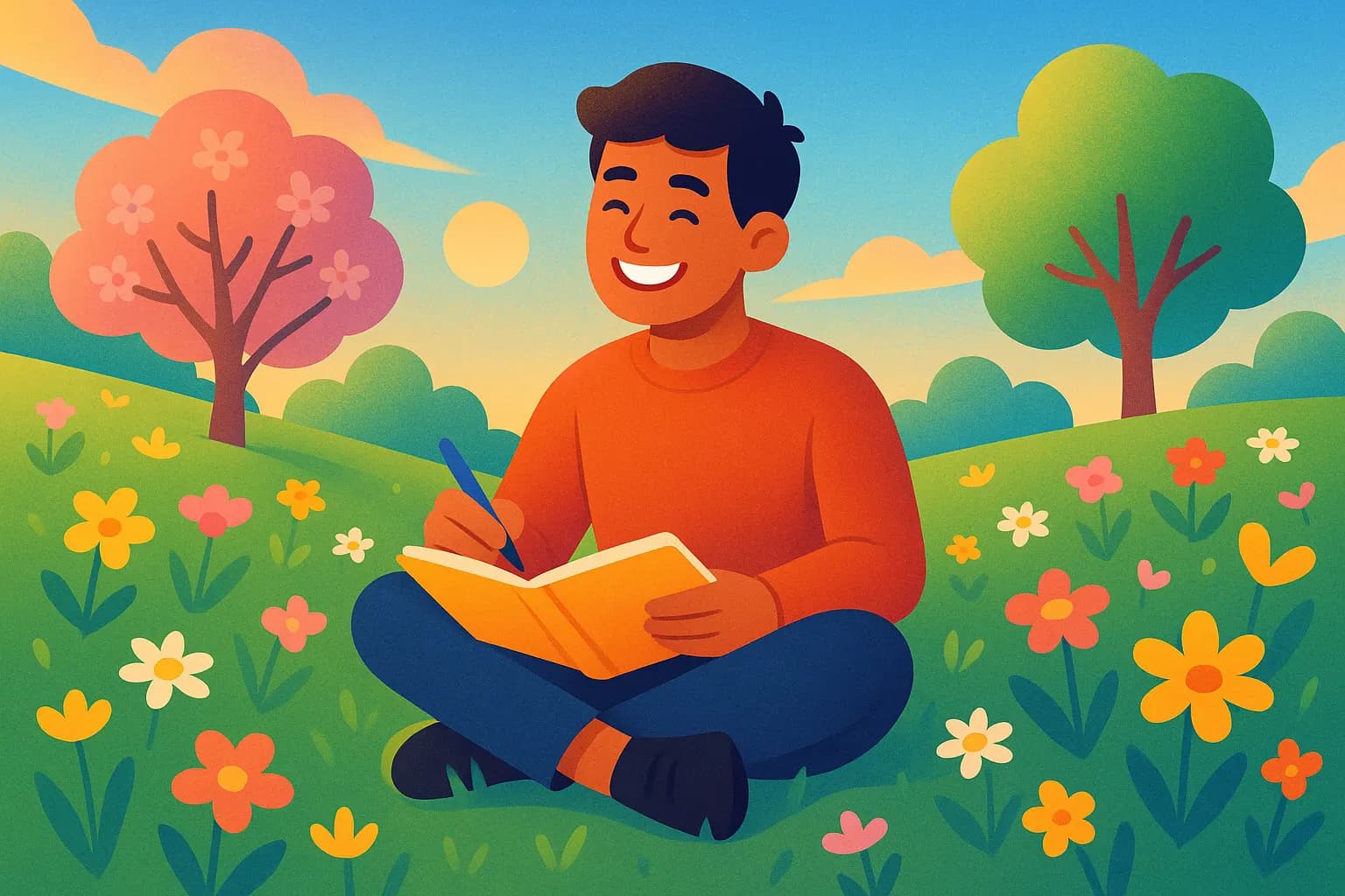 Joven sentado entre flores, cuaderno en mano, rodeado de luz primaveral.