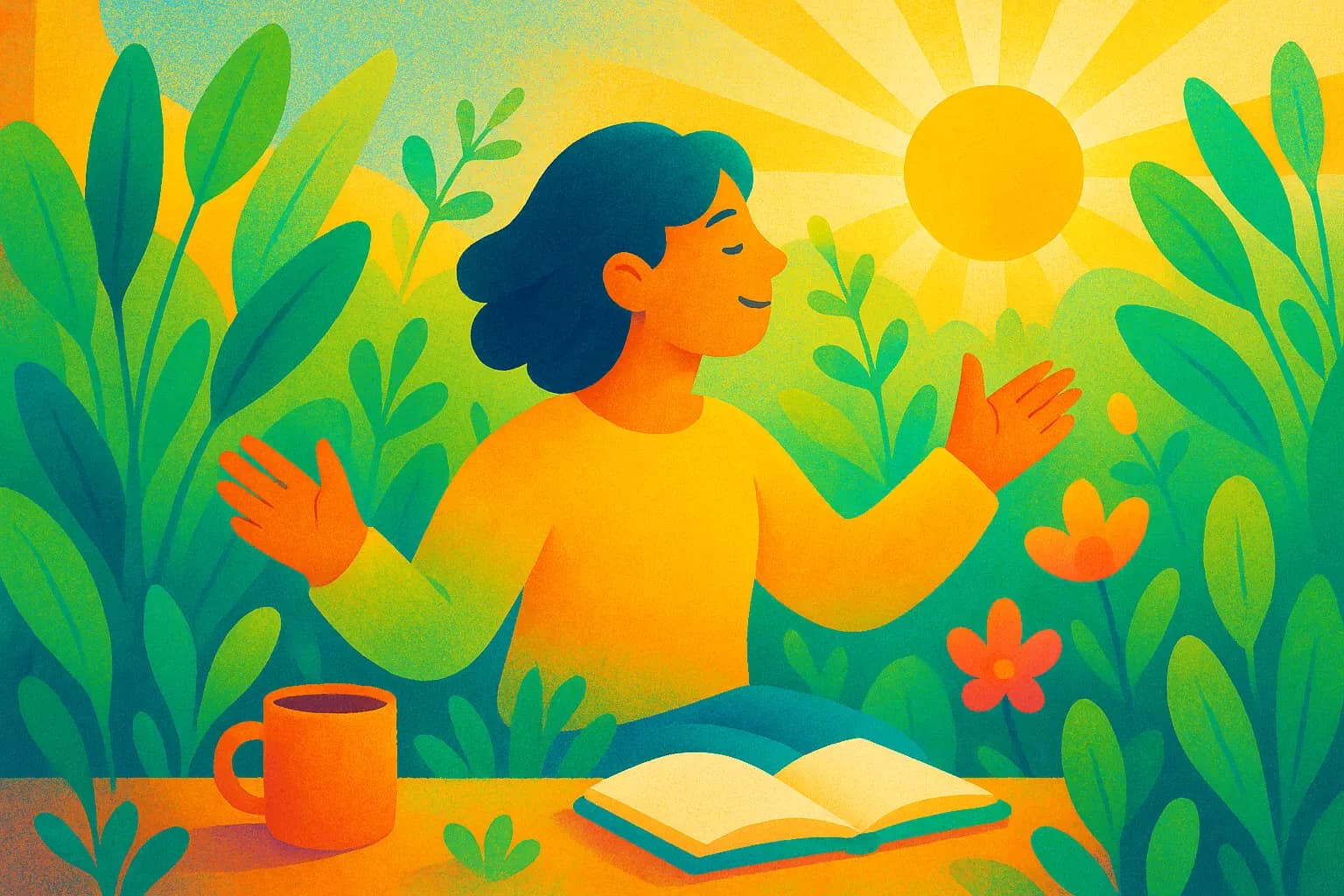 Femme souriante profitant d’un moment de calme dans la lumière printanière, entourée de plantes et d’objets de journaling